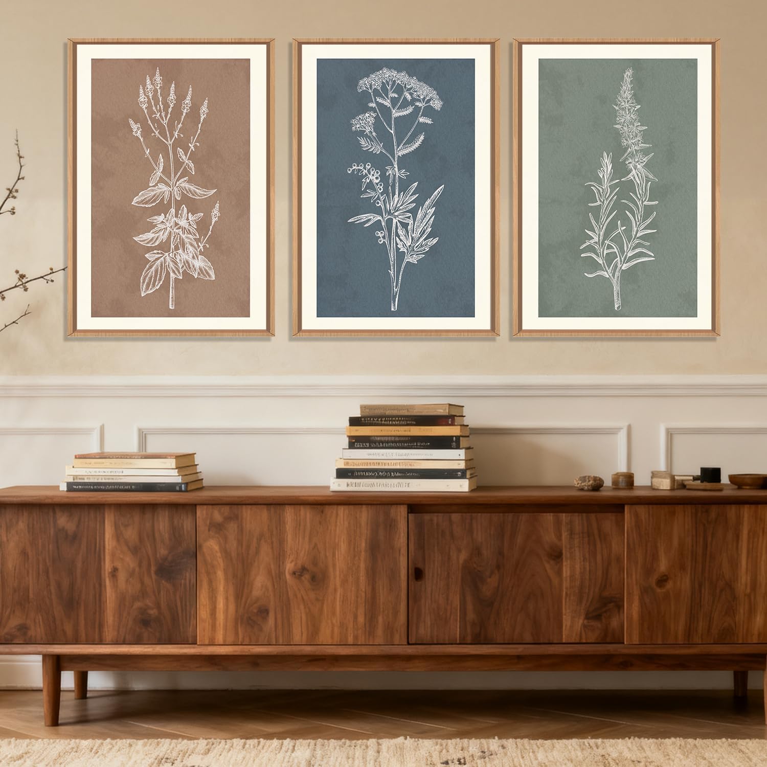 HLNIUC Neutral Botanical Framed Wall Art Set, Boho Minimalist Plant Canvas Wall Decor, Vintage Leaf Wall Painting, Nature Floral Silhouette Art Print for Bedroom, Living Room, Study - 16”x24”x3