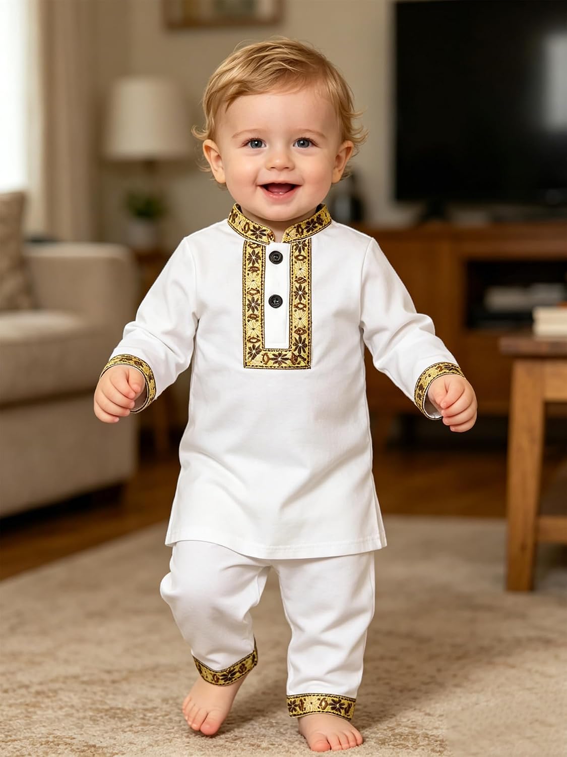 Moily Exquisite Arabian Prince Costume for Baby Boys Long Sleeve Arabic Thobe with Matching Pants Set White 9-12 Months