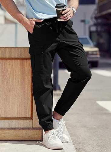 Miniatura 6 de JMIERR Pantalones cargo de moda para hombre, casuales, de algodón, elásticos, de sarga con cordón, pantalones deportivos con 6 bolsillos