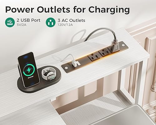 Miniatura 5 de AODK Escritorio de computadora con cajones y bandeja para teclado, escritorio de oficina de 63" con toma de corriente y luces LED, escritorio de