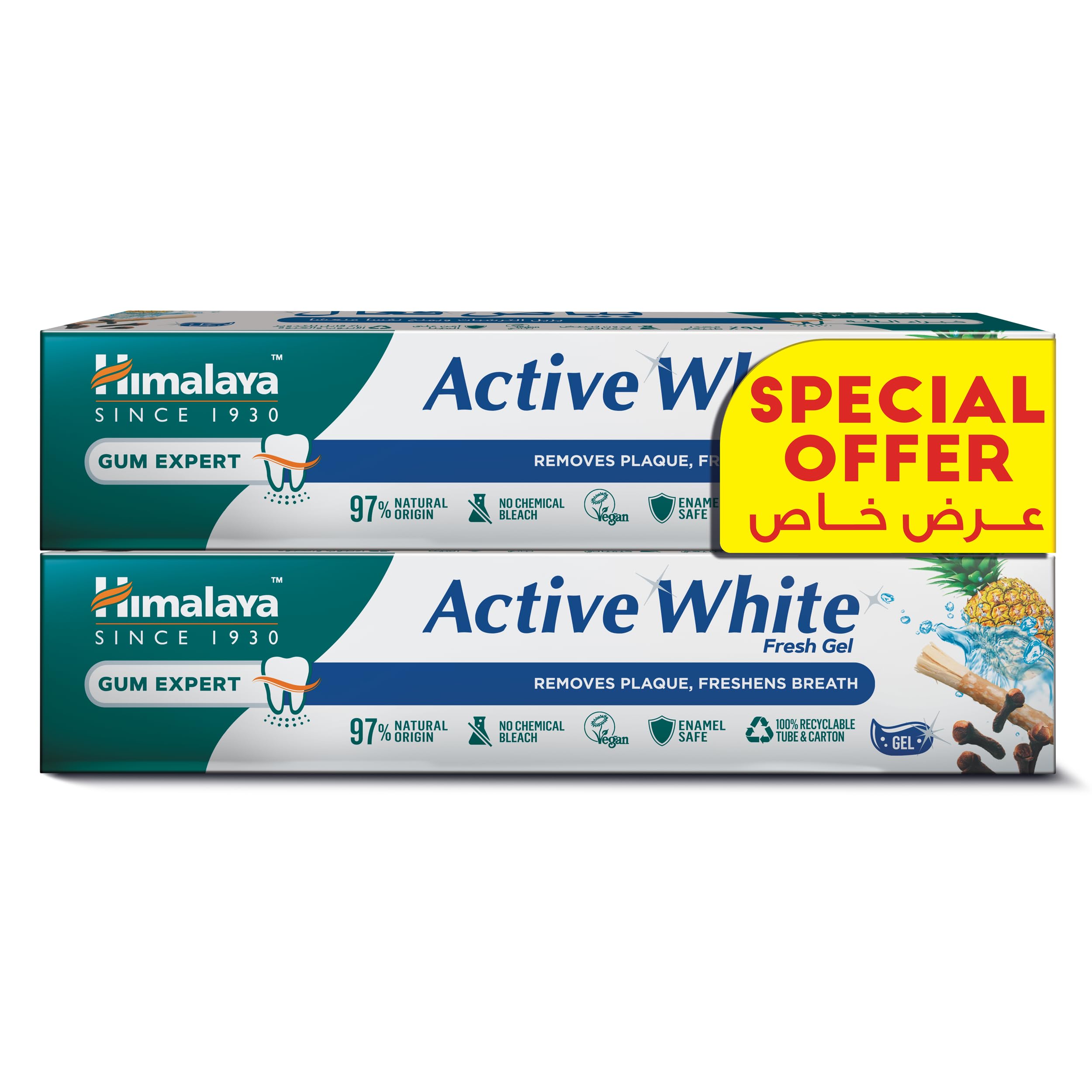 HimalayaSince 1930 Active White Herbal Toothpaste Gently Removes Stains Giving Whiter & Sparkling Teeth -2 X 100ml