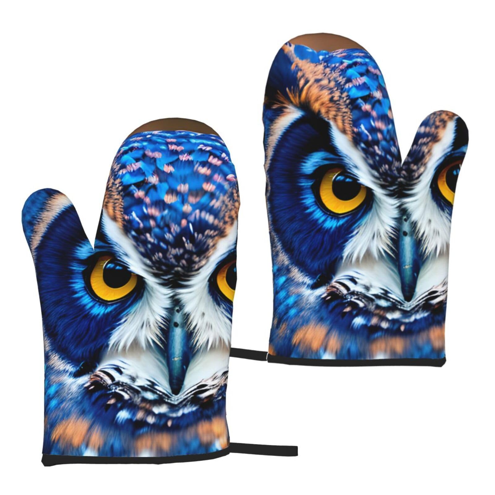 Nimongt Women's Black Blue Owl 1 Print Adults Universal Fit Heat Resistant Oven Gloves Reusable Cooking Outdoor Grilling
