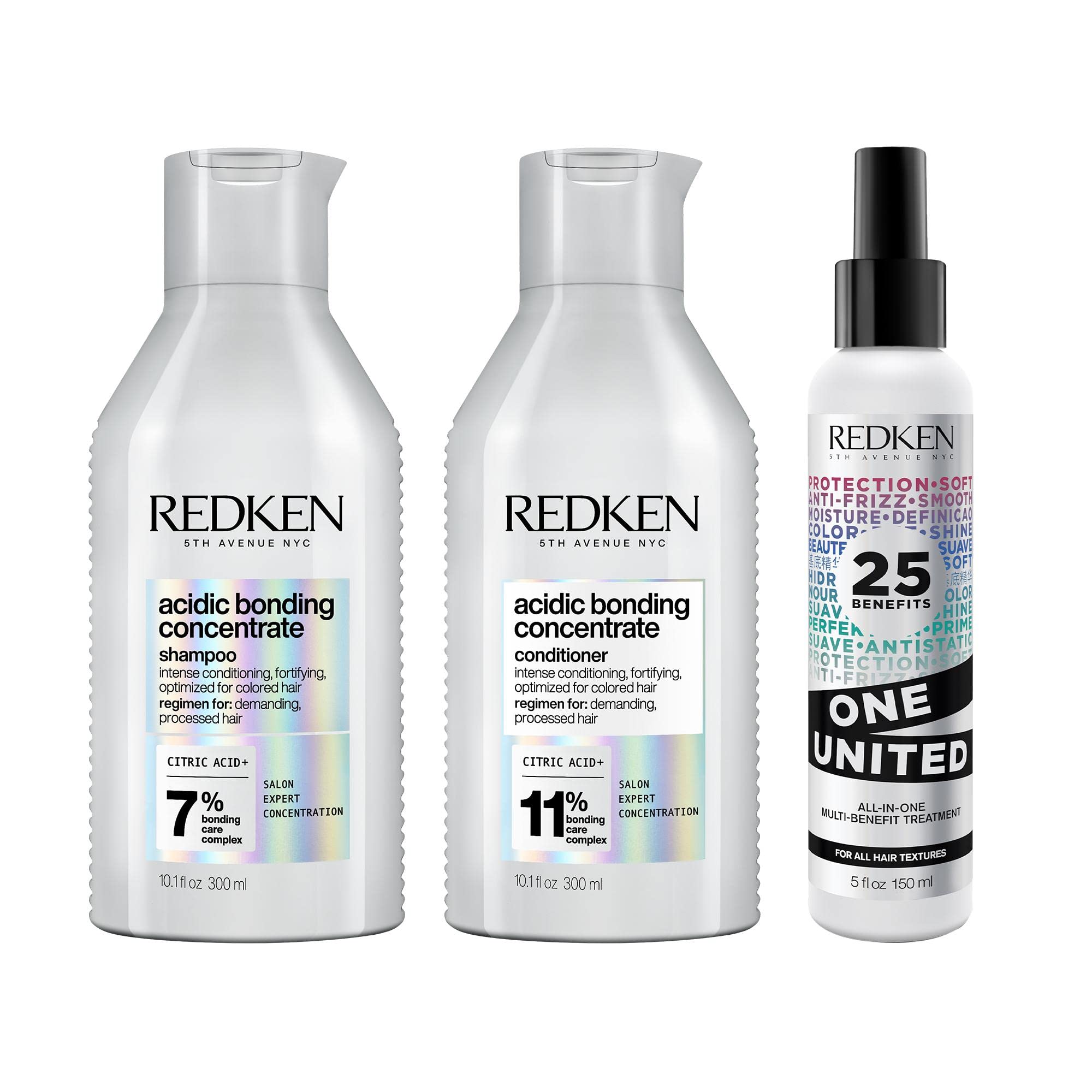 Redken Pflegeset mit Acidic Bonding Concentrate Shampoo und Conditioner gegen Farbverlust & Feuchtigkeitsspendendes One United Multi-Benefit-Treatment
