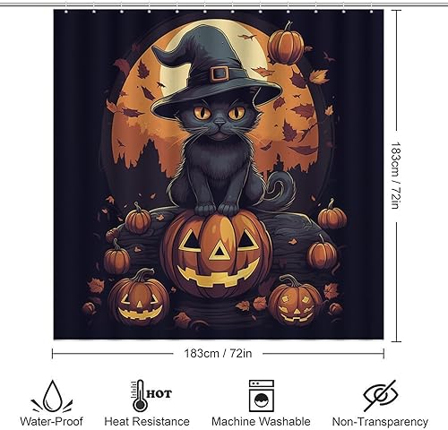 Miniatura 4 de Juego de cortinas de ducha de Halloween, gato negro, calabaza, luna llena, cortina de ducha de terror para Halloween, decoración de baño, cortina de