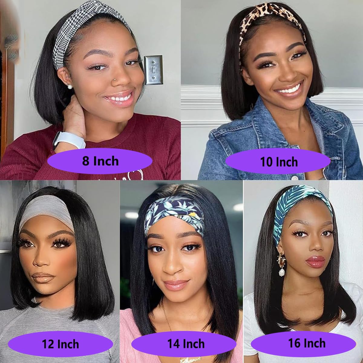 Human Hair Bob Headband Wig Straight 12 Inch Glueless Easy Wear 12 Inch Straight Bob Headband Wig for Black Women - Heat  main image 3