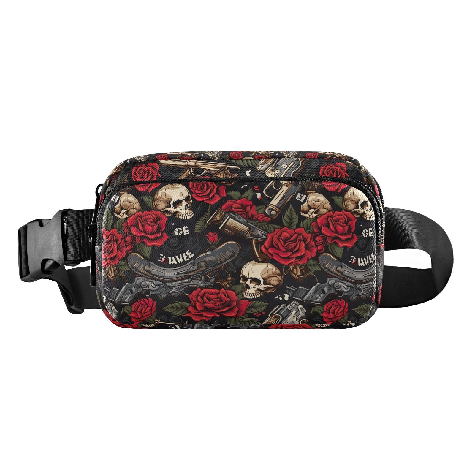 Skull Guns Roses Fanny Pack for Women Men Water Resistant Fashion Waist Packs with Adjustable Strap Belt Bag for Travel Workout Jogging Hiking