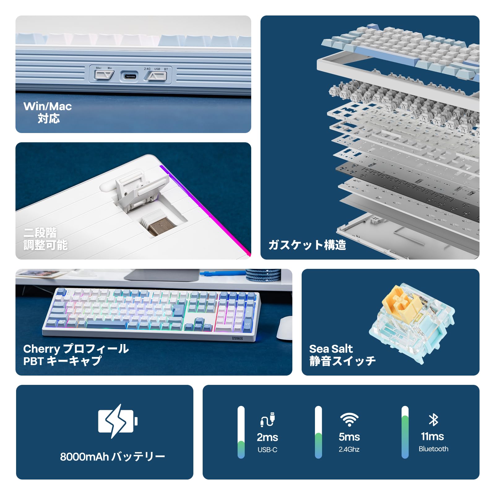 EPOMAKER TH108 JIS 日本語配列 フルサイズワイヤレスゲーミングキーボード テンキー付き 2.4GHz/USB-C/BT5.0 ホットスワップ対応 112キーリニアスイッチ RGBバックライト ガスケット構造 10000mAhバッテリー 無線 メカニカルキーボード Windows mac対応 (Blue&White, Sea Salt Silent) - 3