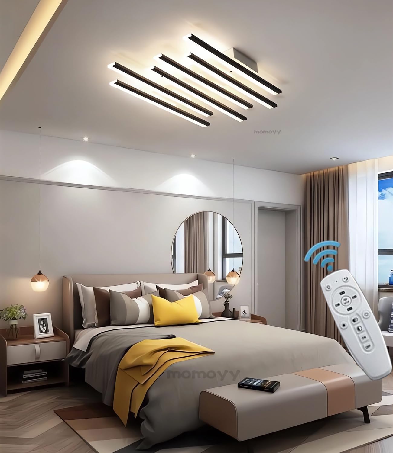MOMOYY Modern LED Ceiling Light 50w Dimmable Black Ceiling Lamp High Brightness Large Lighting for Living Room Bedroom&Office Remote Control Adjustable 3000k-6500k Energy-Efficient (B50CM)