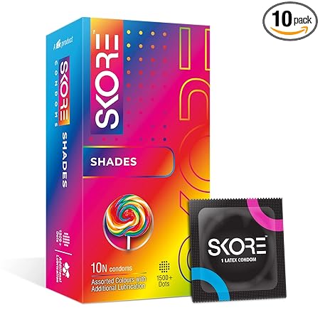 Skore Shades Assorted Colours | Extra Lubrication | Dots | Condom, 10 pieces | 1 Packs