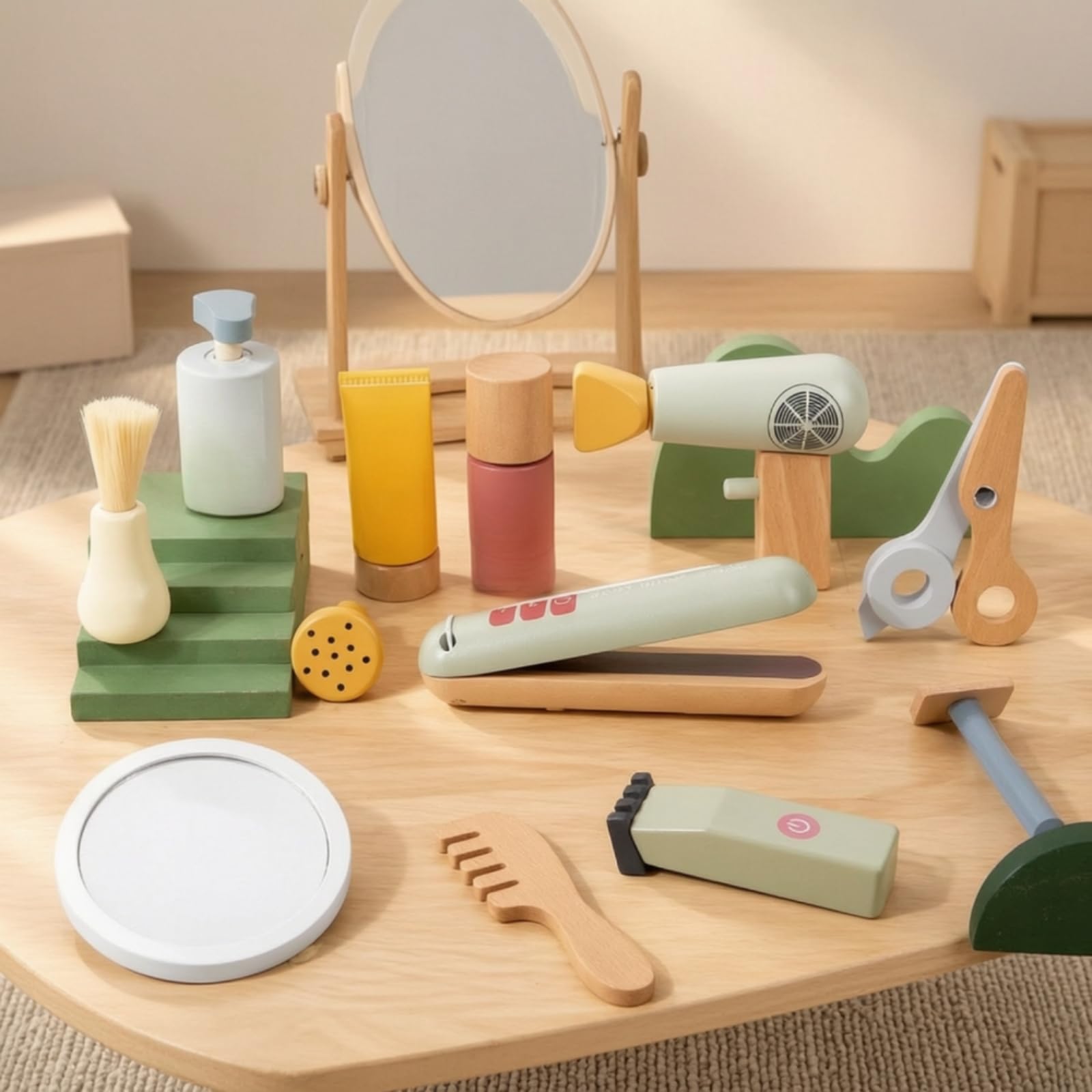 Kit da Parrucchiere in Legno Sicuro Set da Barbiere Giocattolo con Borsa Leggero per Gioco di Ruolo