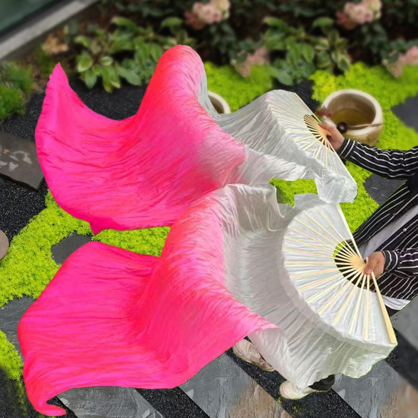 Silk Fans For Dancing, 1 Pair Gradient Artificial Silk Fans Veils, Belly Dance Fans, Chinese National Dance Long Flowy Flags, Dancing Fan For Art Show, School Performance