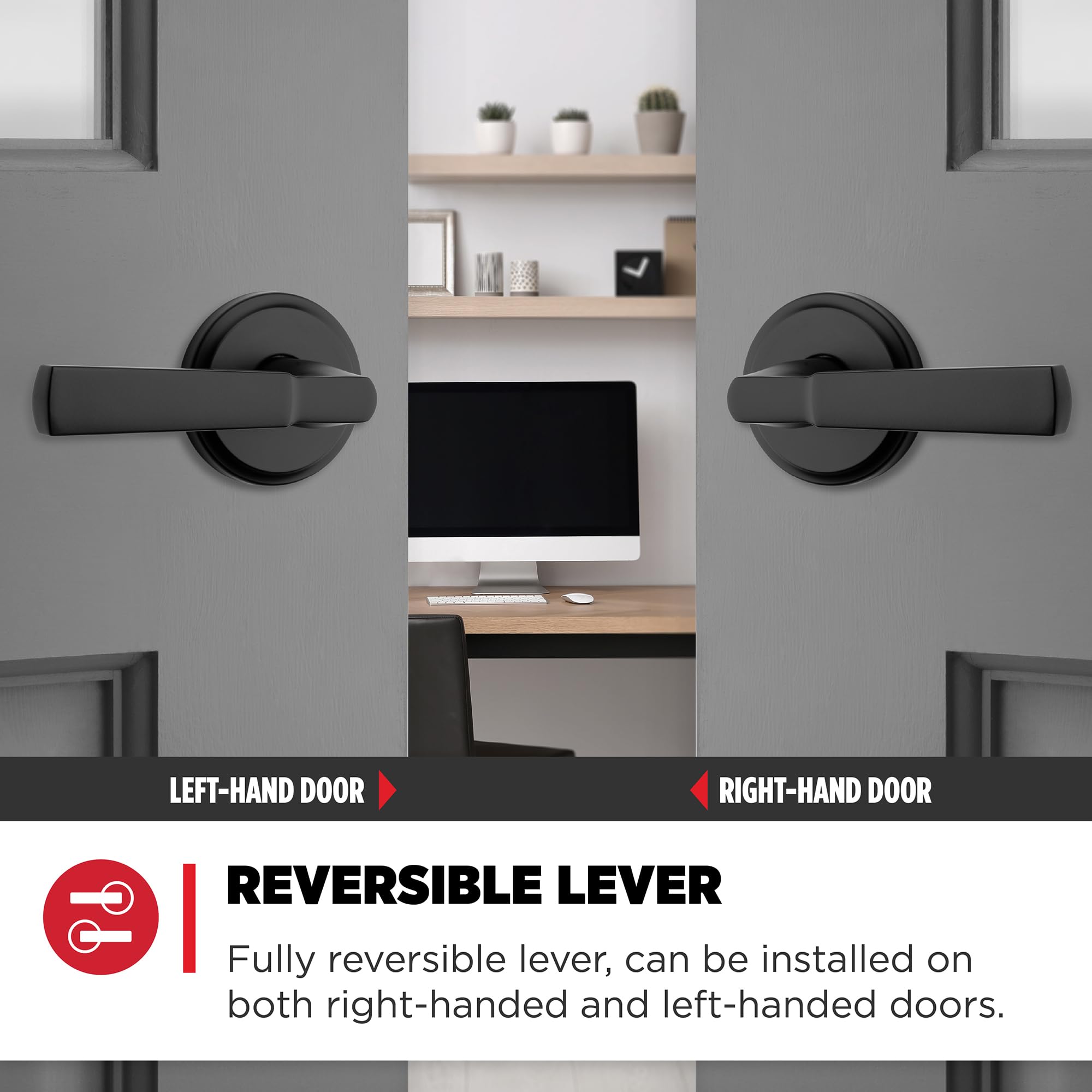 Kwikset Perth - Manija de puerta de paso interior, palanca para puertas de armario y pasillo, manija reversible sin bloqueo, negro mate, con protección Microban