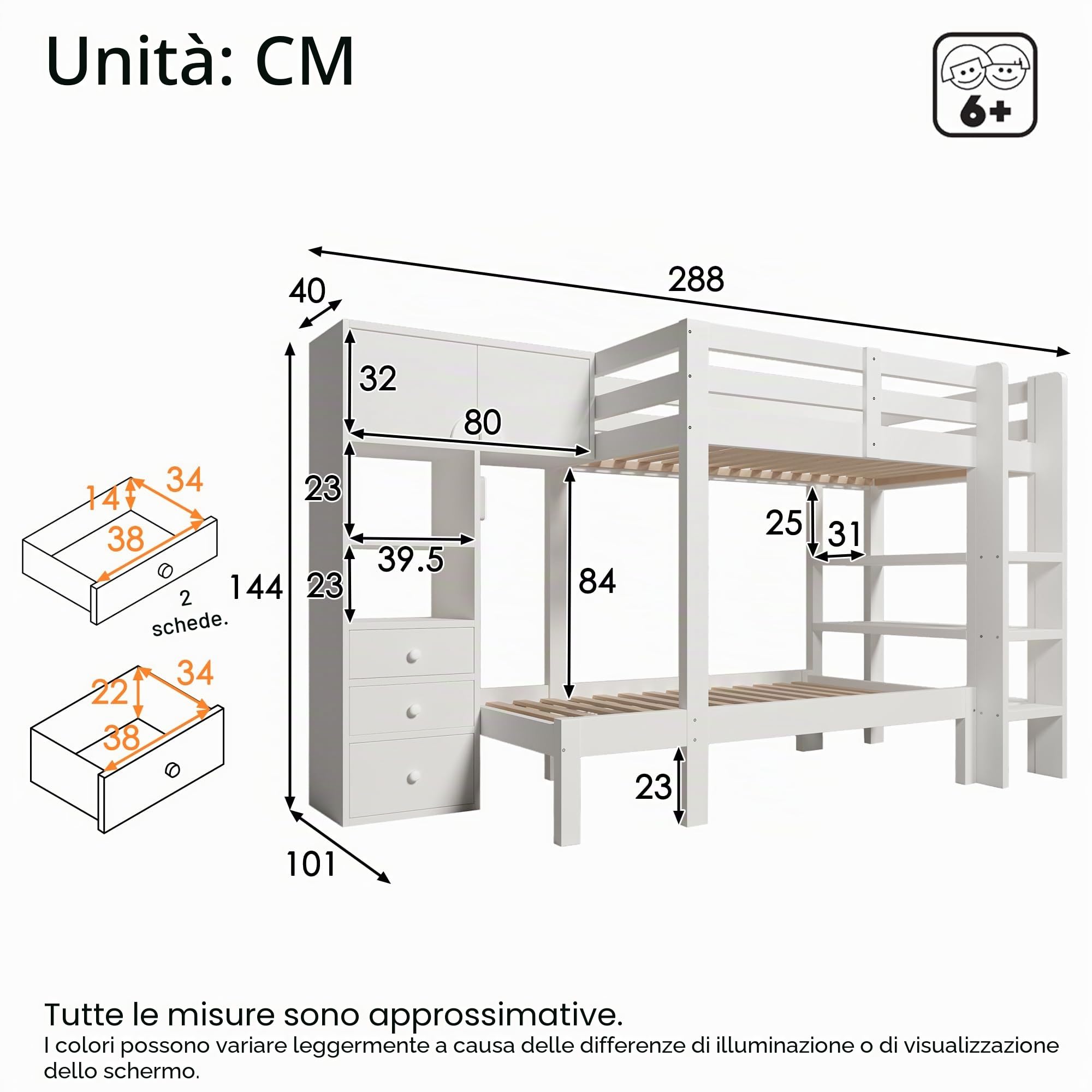 Letto a castello 90 x 200 cm per bambini e ragazzi, design sfalsato, armadio e scaffale, molto spazio nei cassetti, scala di sicurezza e protezione anticaduta, legno massello, bianco