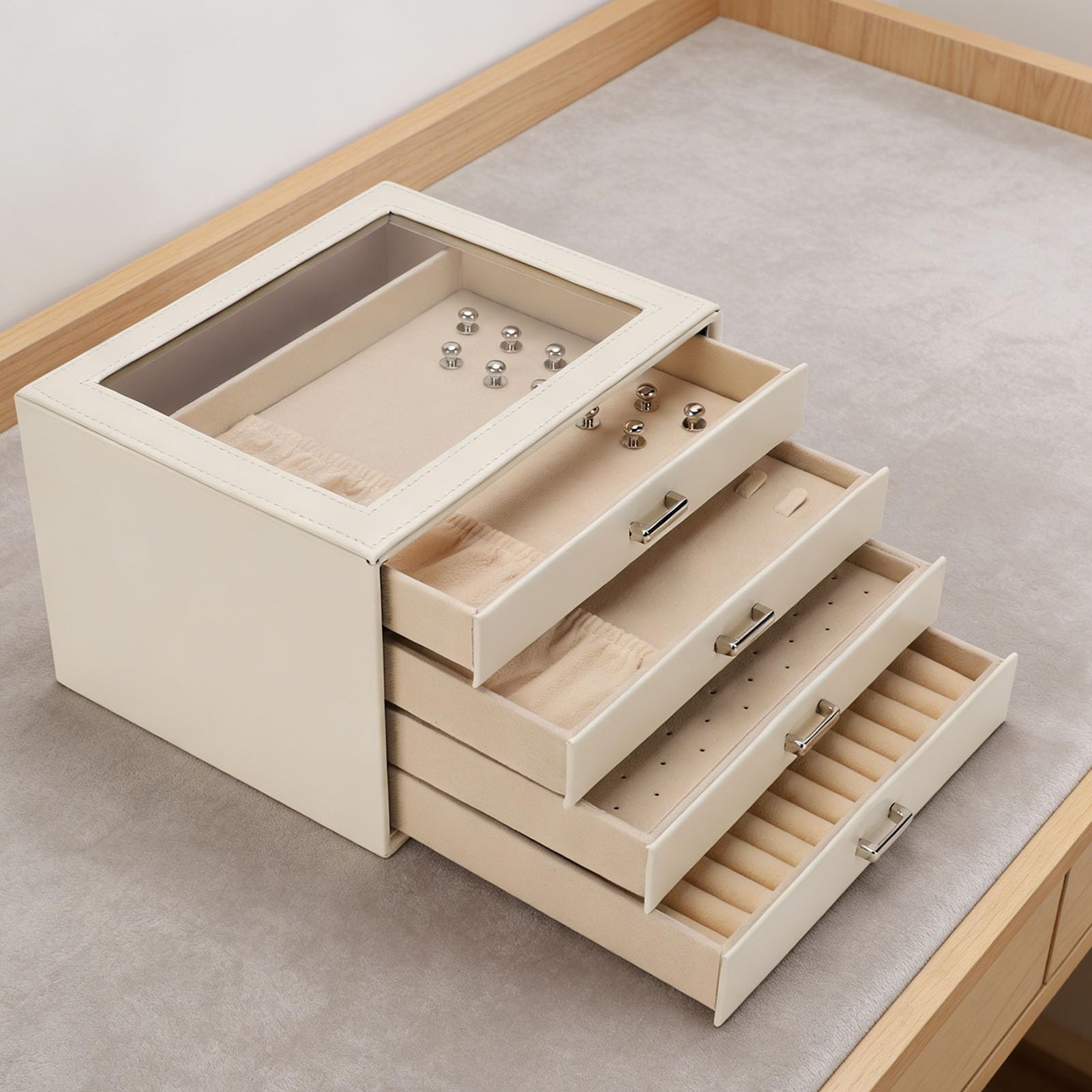 Portagioielli 4 Strati in Pelle PU con Cassetti (Beige)