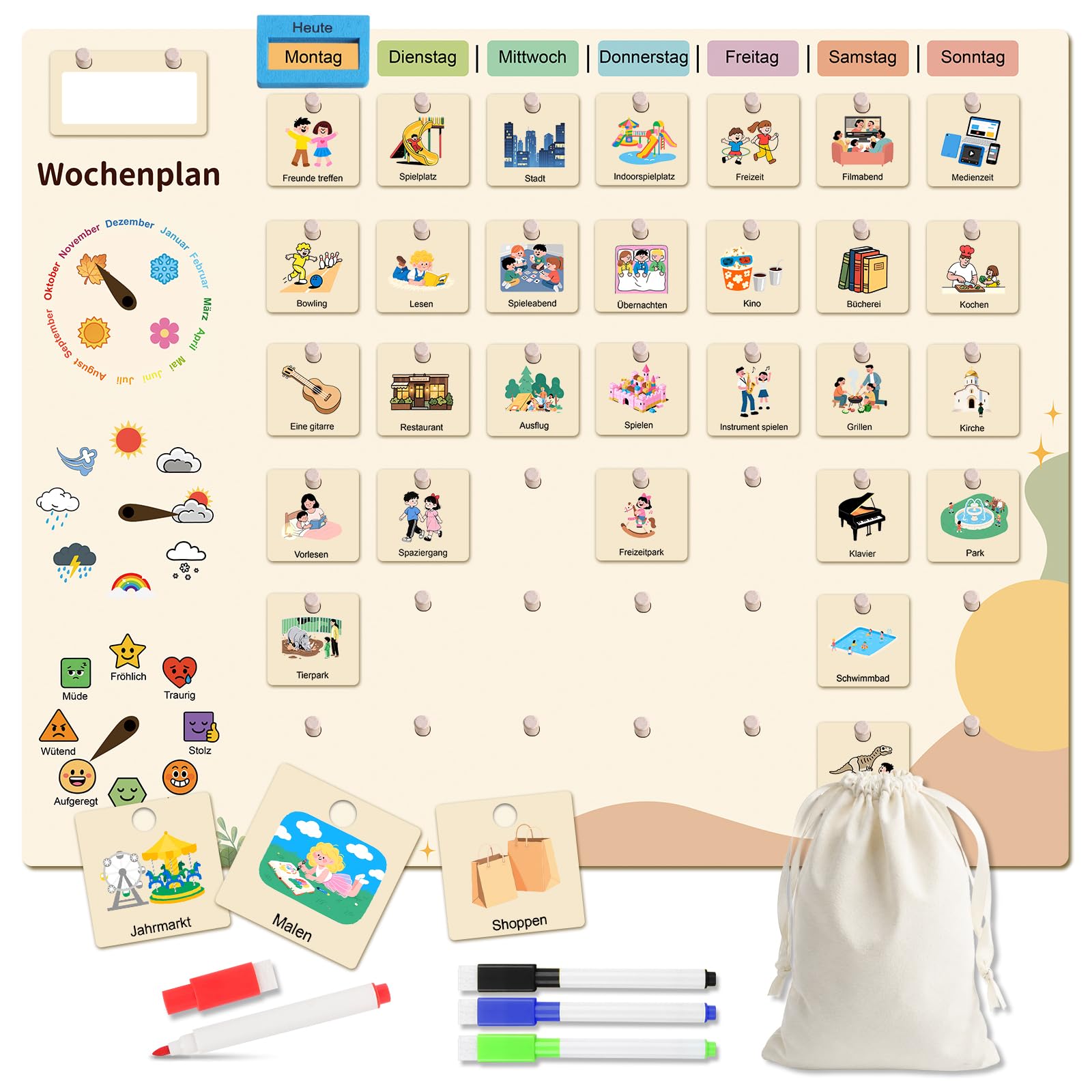 Planner Settimanale Bambini Montessori in Legno con Carte Attività