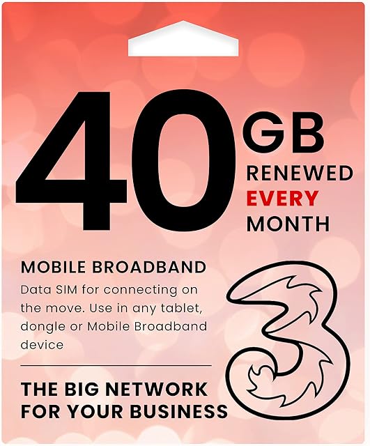 Three 5G Data SIM - 40GB Preloaded Every Month from now until 8th April 2024 - Perfect For Wifi Routers, Tablets & Phones - Works out around £3 Per Month - Business Grade Data