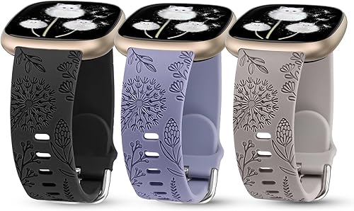 Miniatura 10 de Minyee Paquete de 3 correas grabadas florales compatibles con Fitbit Versa 4/Versa 3/Sense 2/Sense Band para mujer, lindo diseño de flores de diente