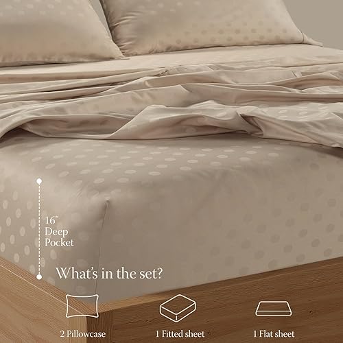 Miniatura 3 de Threadmill Sábanas 100% Algodón para Cama Tamaño King Juego de Sábanas de 4 Piezas para Cama King Suave, Transpirable y Ligero Satén de Damasco