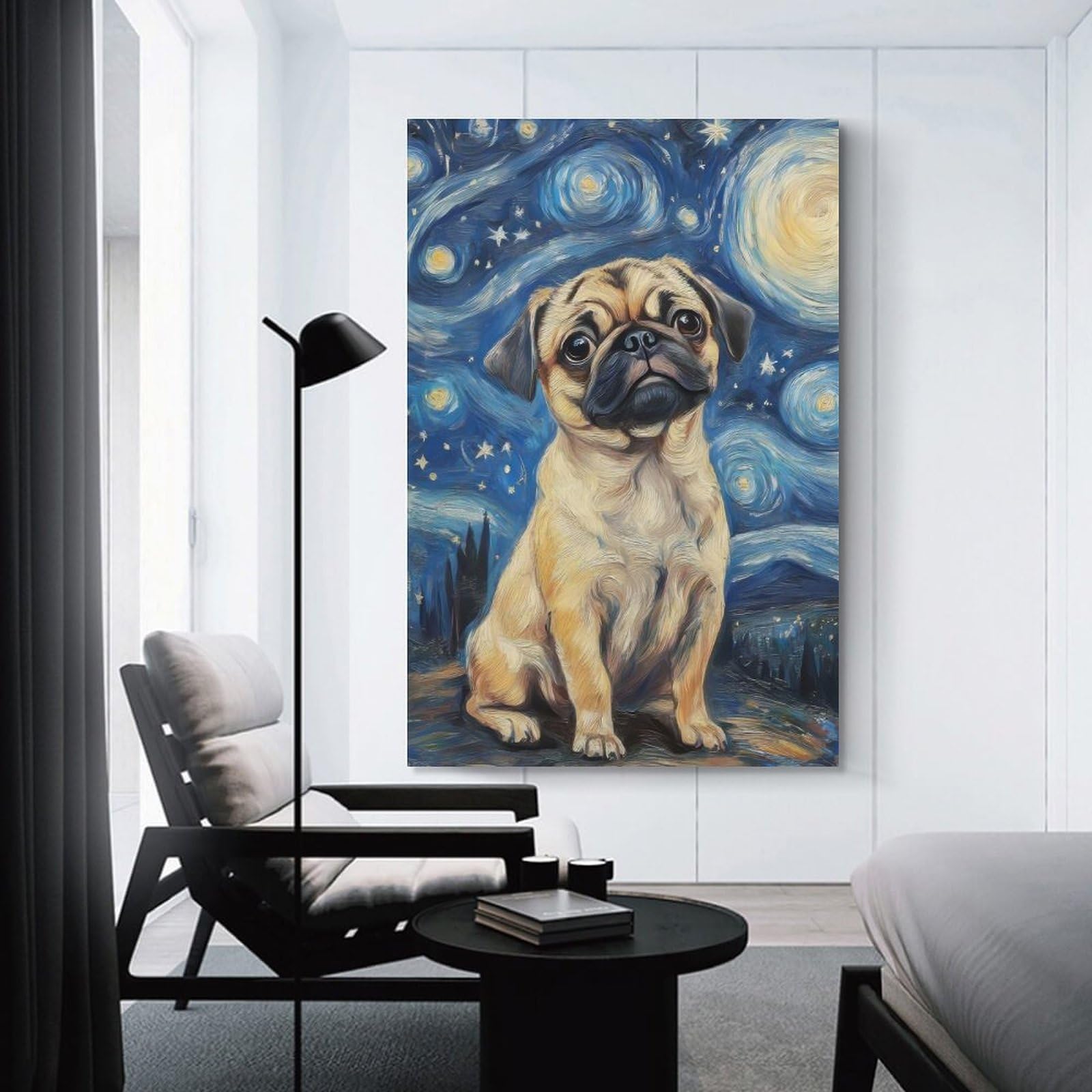 Junmoney Pug in Starry Night Decorative Wall Artwork 20x30inch(50x75cm), for New Homes, Bedrooms Or Workspaces, A Wall Art Gift for Fresh Interiors
