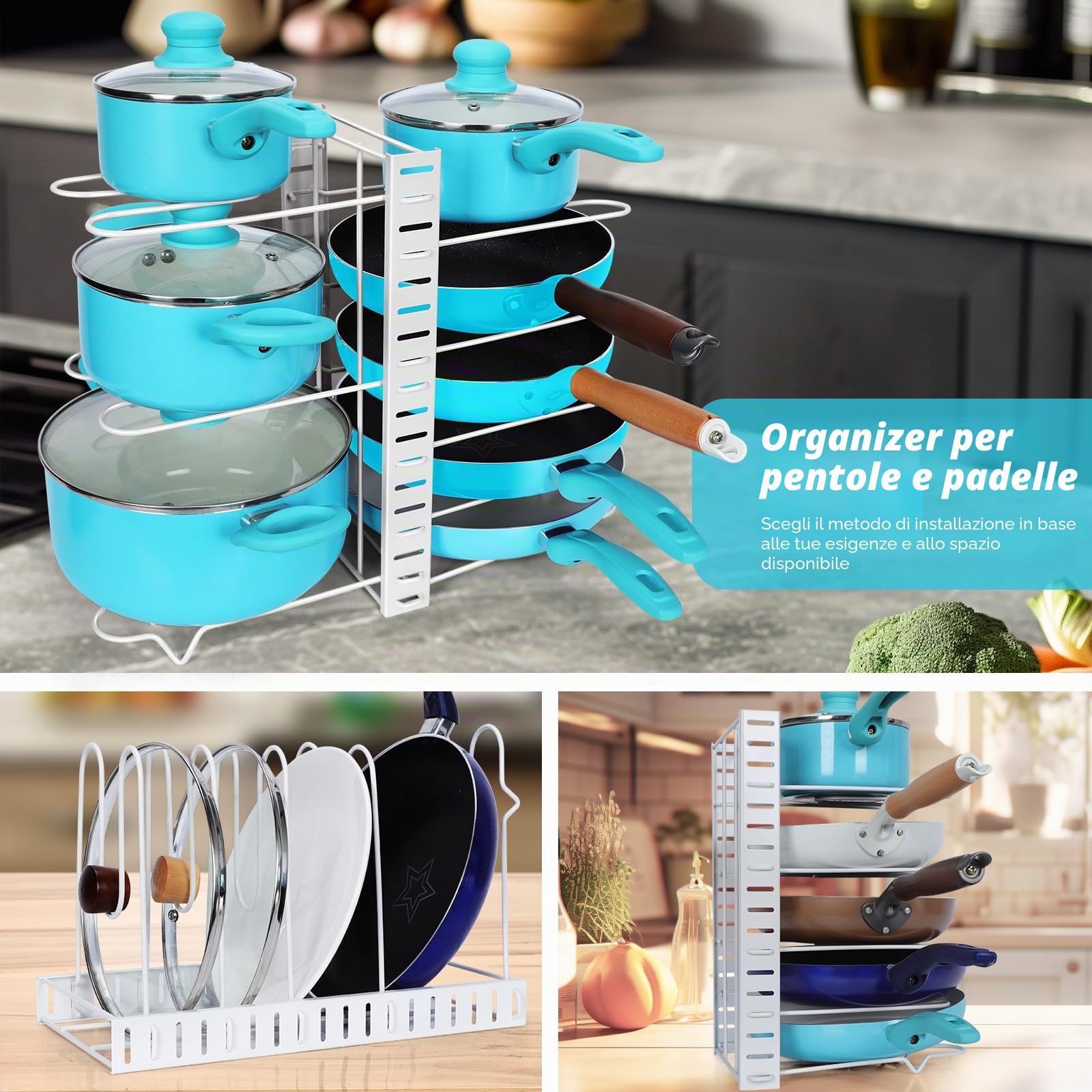 Myiosus Porta coperchio pentole, porta padella con 3 metodi fai da te, organizer per padelle con 8 scomparti regolabili, organizer per vasi per armadi, pentole, coperchi, invia 1 panno per la pulizia,