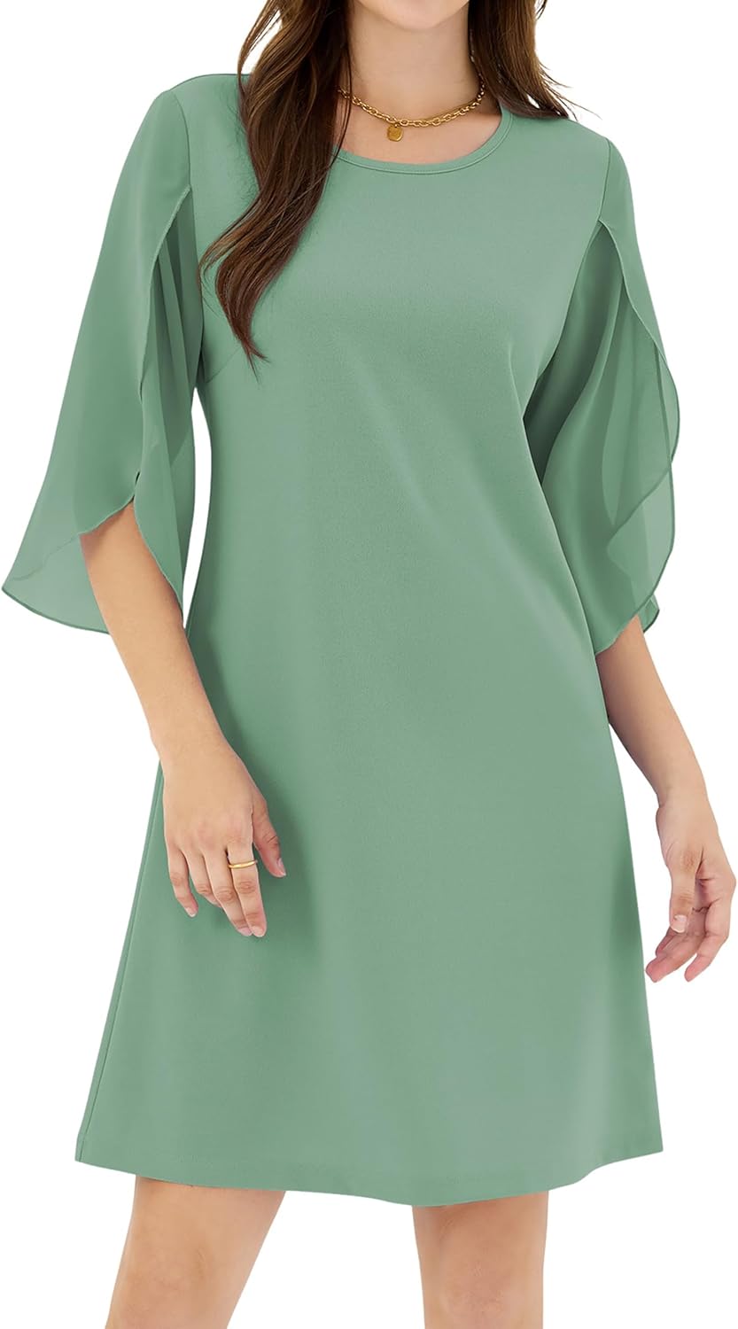 ZAFUL Women's 3/4 Flutter Chiffon Sleeve Cocktail Dress Crew Neck Formal Wedding Guest Dresses