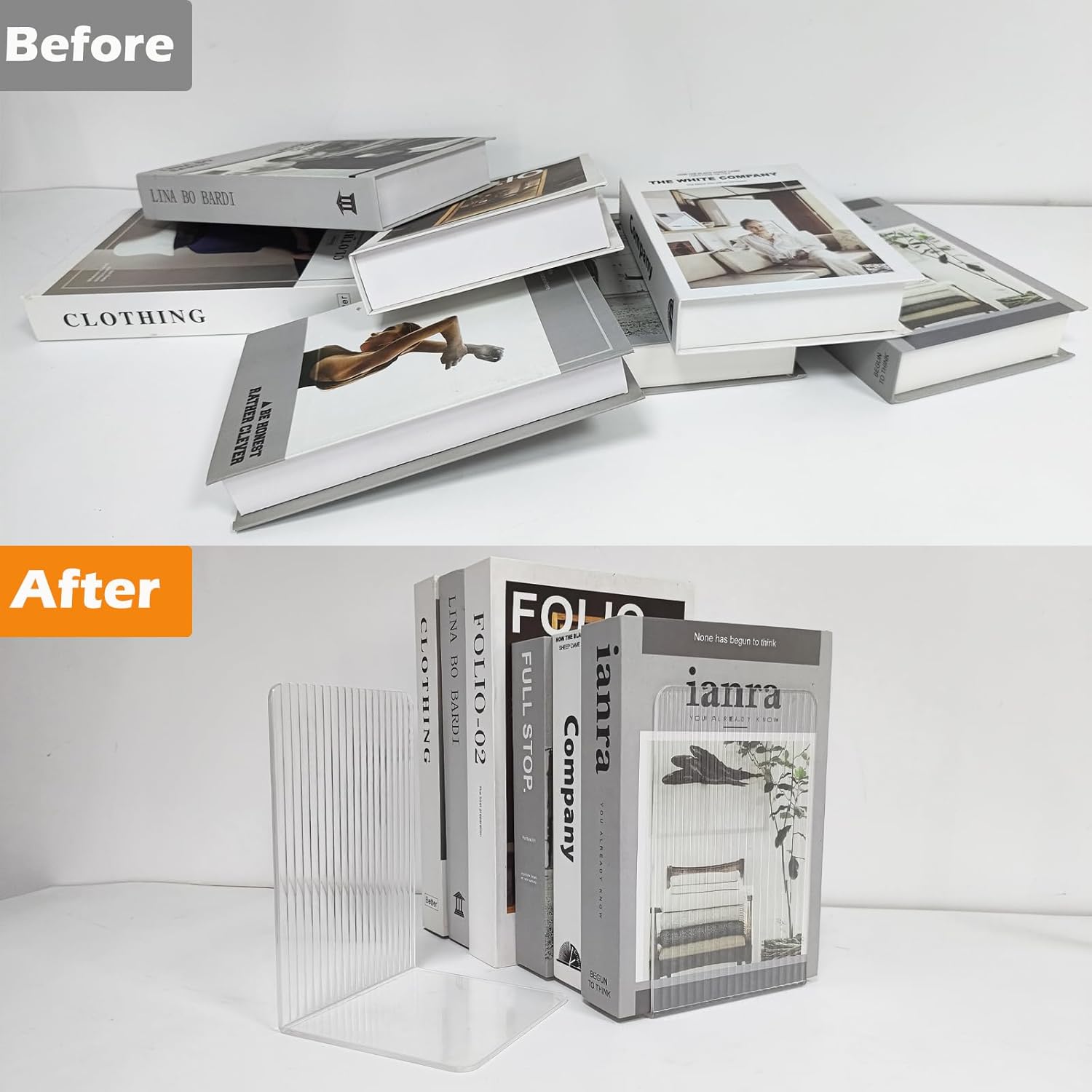 MerryNine Clear Bookends 4pcs, Plastic Book Ends for Shelves, Streaks Bookend Decorative for Heavy Duty Books, Non-Slip Book Shelf Dividers Holder Stopper for Kids, Great for Office Home School