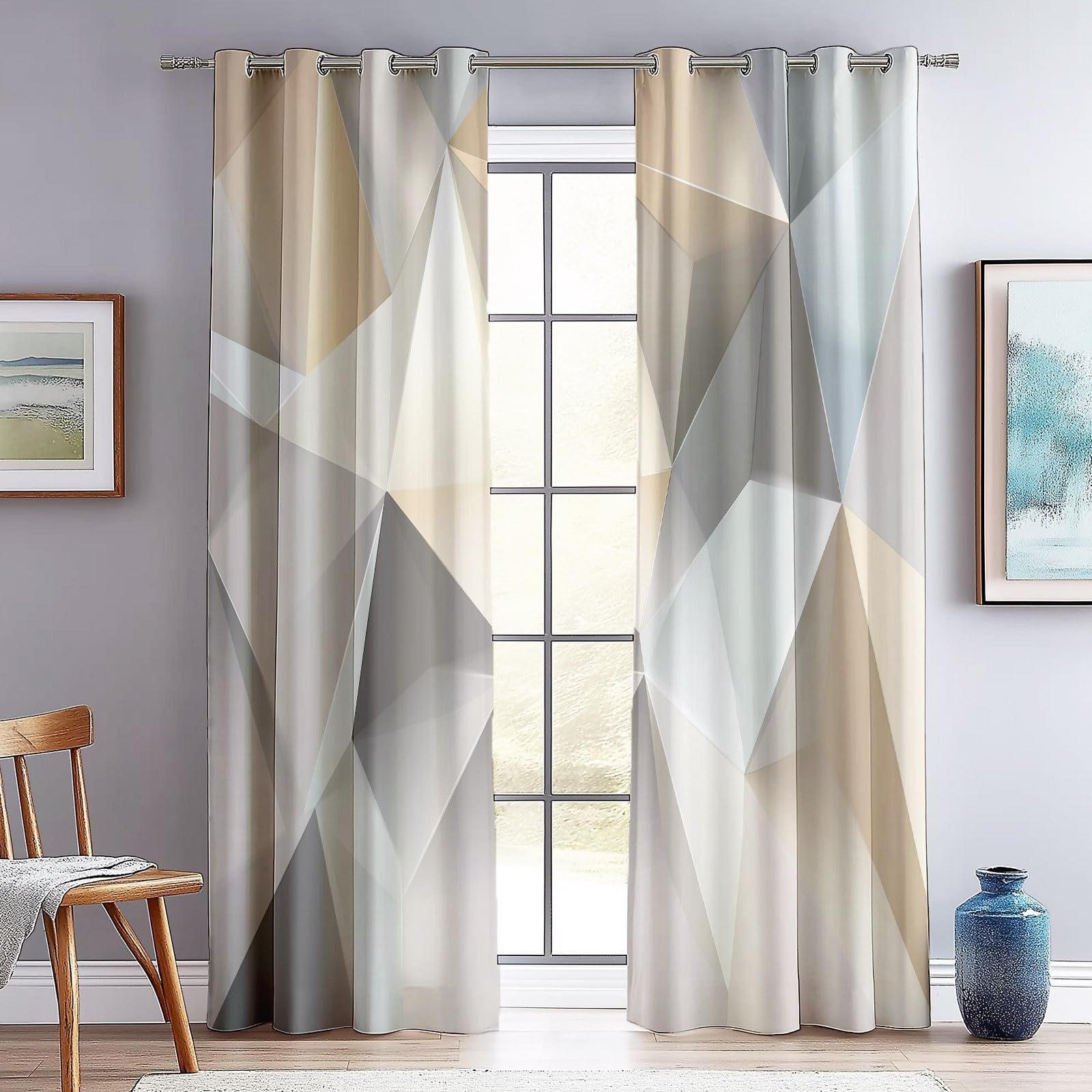 Rideaux Isolants 110L X 215H cm (2 Panneaux), Design Triangles Géométriques Abstraits Tenture Opaque Anti-Chaleur pour Chambre Principale, Gris Beige
