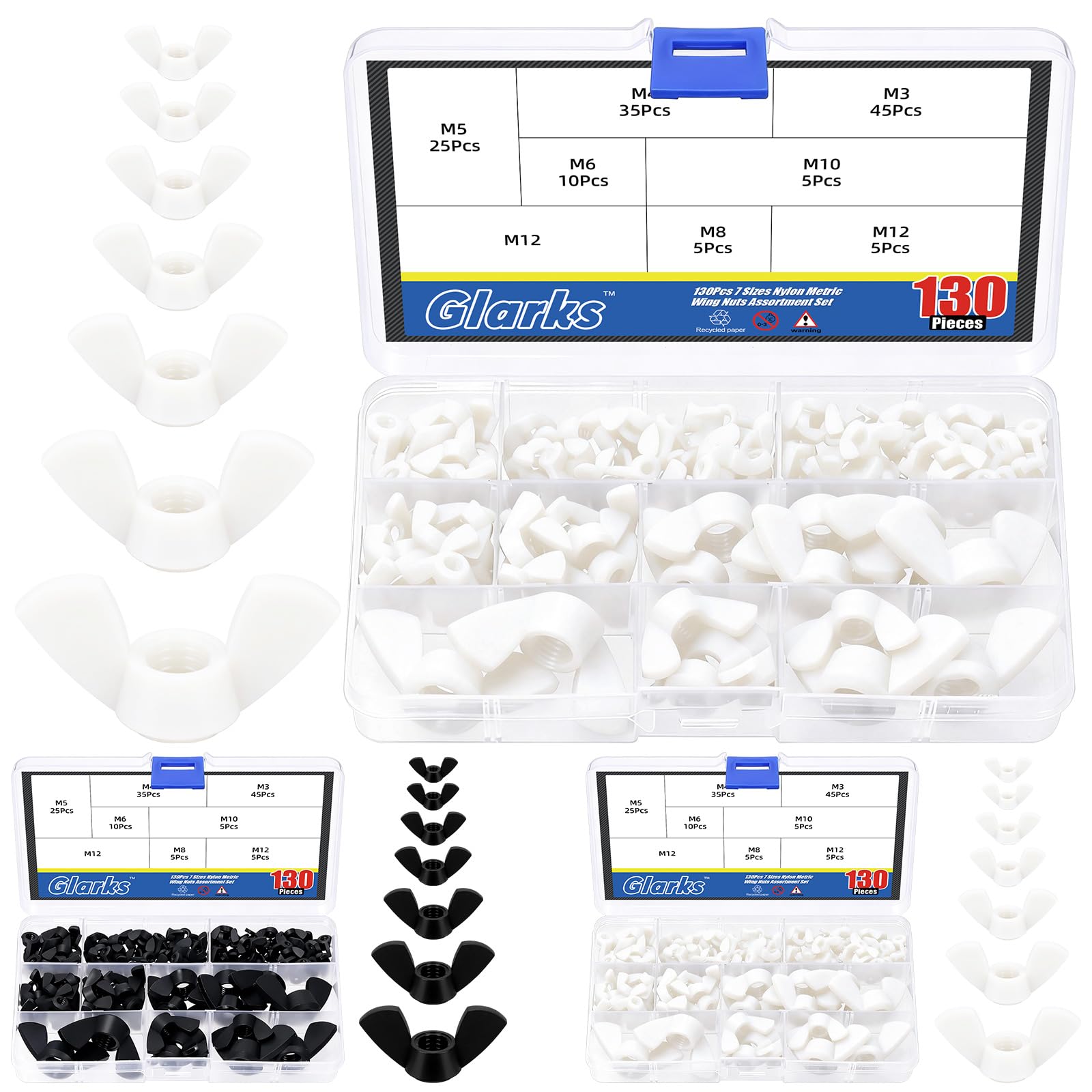 Glarks 130pcs M3/M4/M5/M6/M8/M10/M12 White Wing Nuts Assortment Kit, Nylon Butterfly Nuts, Hand Twist Tighten Hardware Nut, Wingnuts Fasteners Parts for Machinery, Manufacture, Industries, Hardware