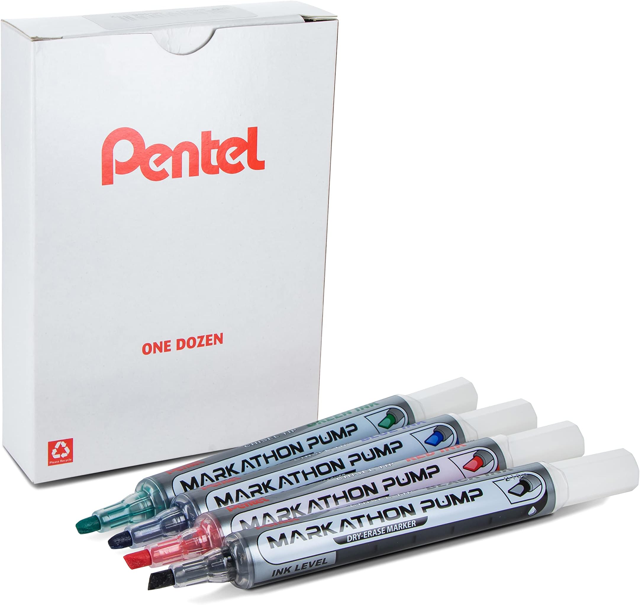 Pentel Markathon Pump Dry Erase Marker, Chisel Tip, Assorted Ink, 12 Pack (MWL6SX-12M)