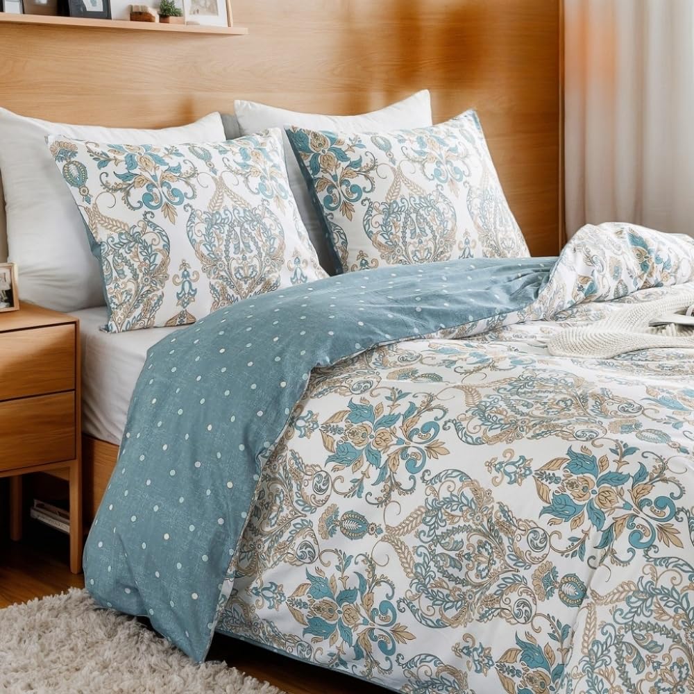 AShanlan Boho Bettwäsche 220x240 Baumwolle Weiß mit Blau Paisley Bettbezug 3teilig Bohemian Style Blumen Angenehme Vintage Muster Wendebettwäsche und 2 Blümchen Kissenbezüge 80x80 mit Reißverschluss