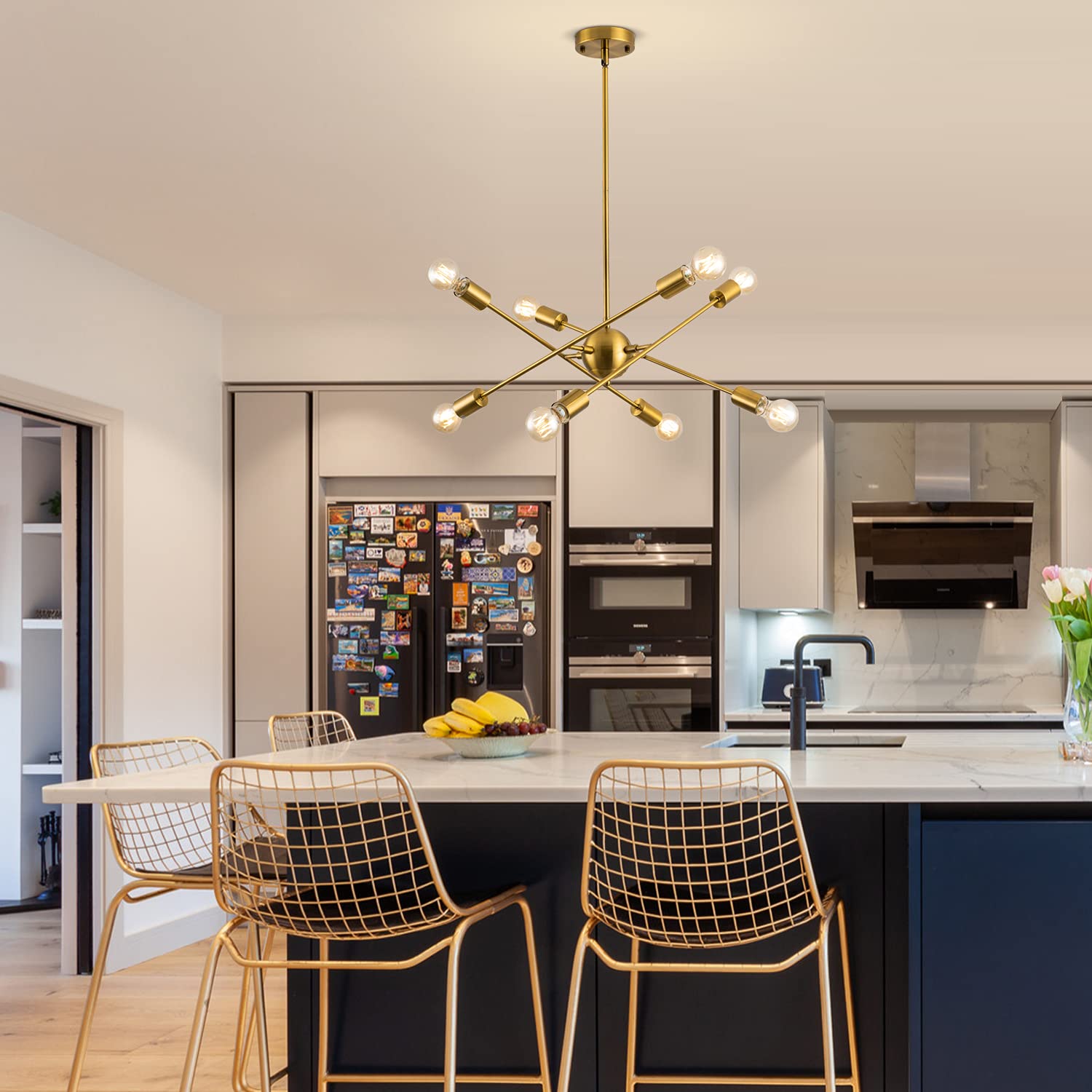 Modern Sputnik Chandelier 8 Lights Brushed Brass Chandelier Rotatable Mid Century Pendant Lighting Gold Pendant Light Fixture for Kitchen Island Hallway Dining Room black 