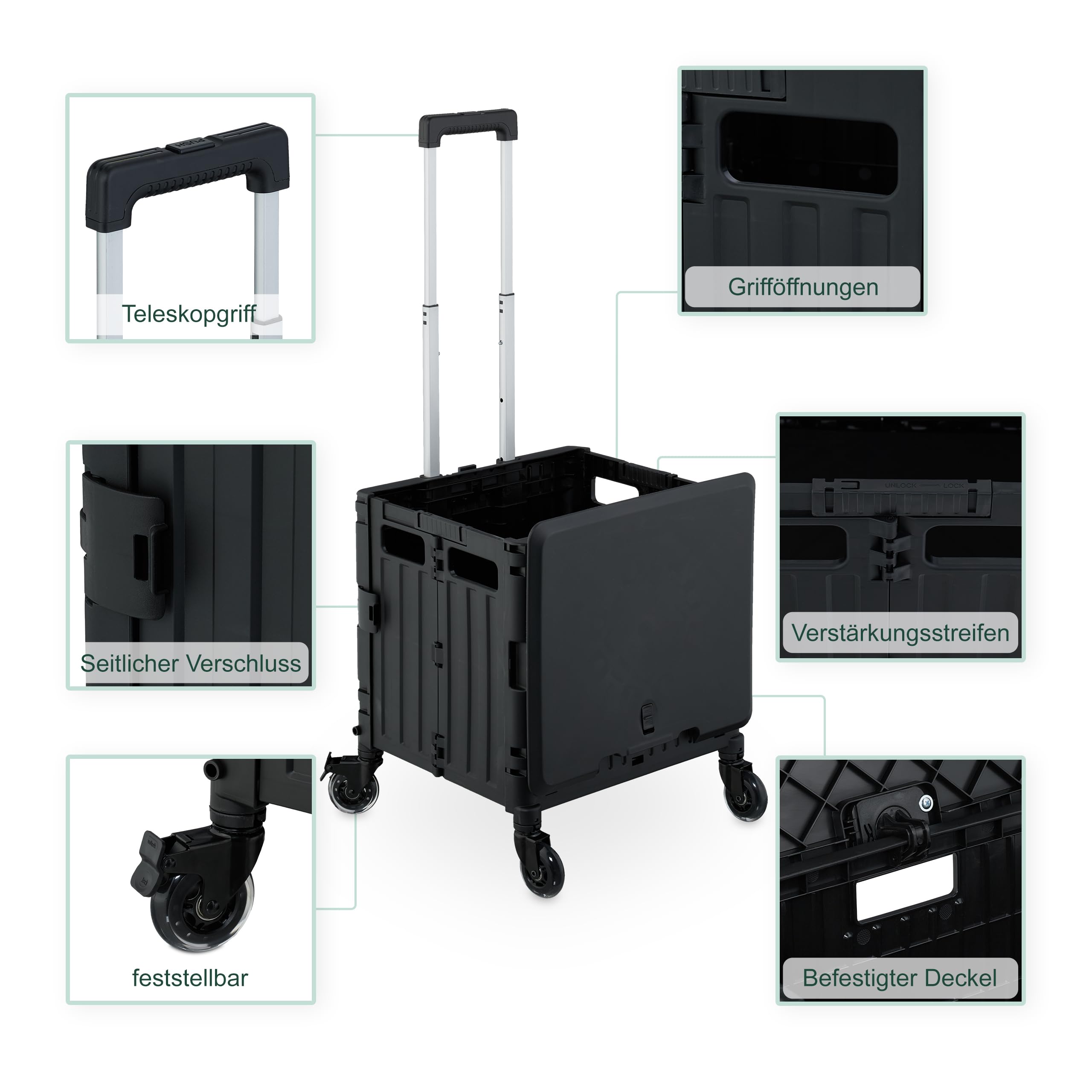 Relaxdays Einkaufstrolley, klappbar, Einkaufskorb mit Lenkrollen, Deckel & Teleskopgriff, bis 35 kg, Rollkiste, schwarz