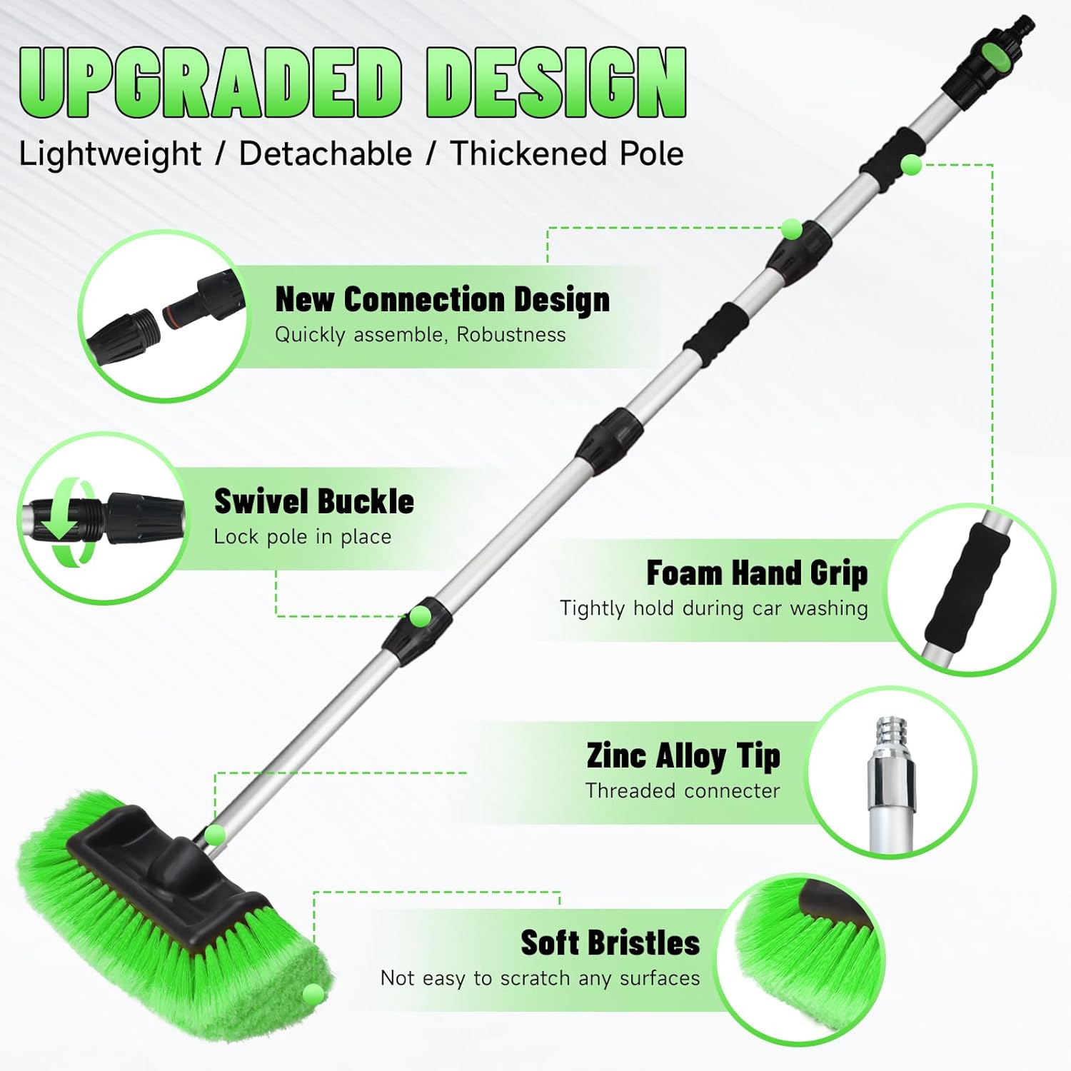 70" Car Wash Brush with 12-Inch Soft Bristles and 4 Aluminum Poles, Adjustable Length for Cars, RVs, SUVs, Trucks, Boats, House Siding, Hose Attachment and On/Off Switch (Green)