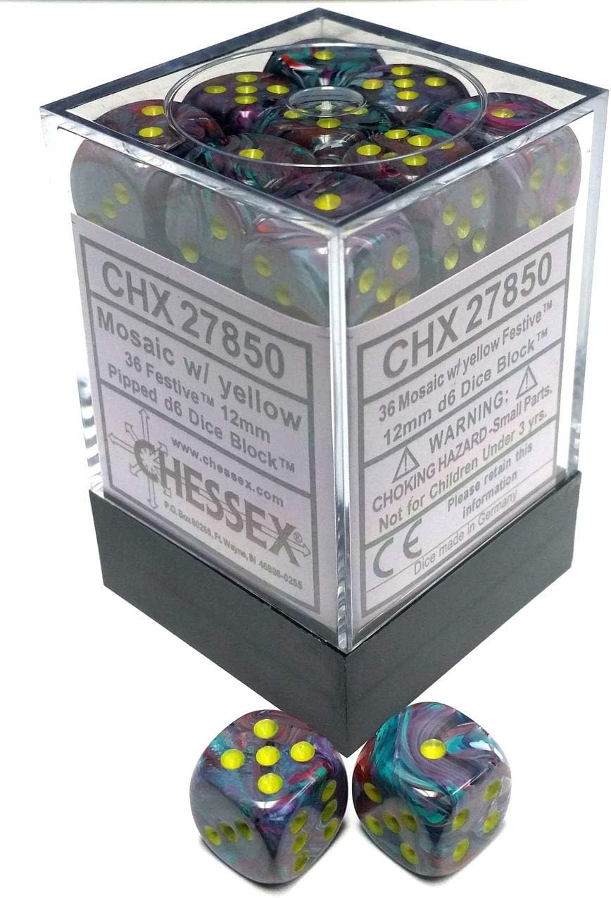 Chessex DND Dice Set D&D Dice-12mm Mosaic Yellow Plastic Polyhedral Dice Set-Dungeons and Dragons Dice Includes 36 Dice – D6