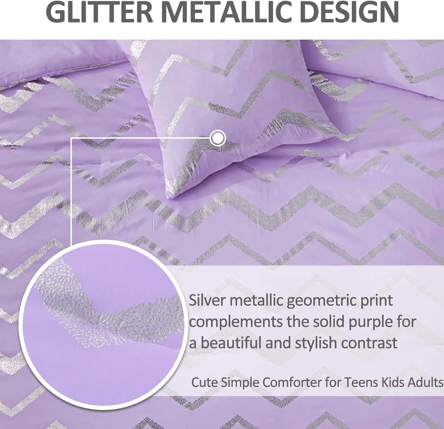 Menghomeus Purple/Silver Comforter Set Twin Lavender Metallic Print Glitter Bed Comforter Cute Shinny Bedding for Teen Girls Kids Women, 3 Piece (1 Pillowcase, 1 Decorative Pillow Sham)