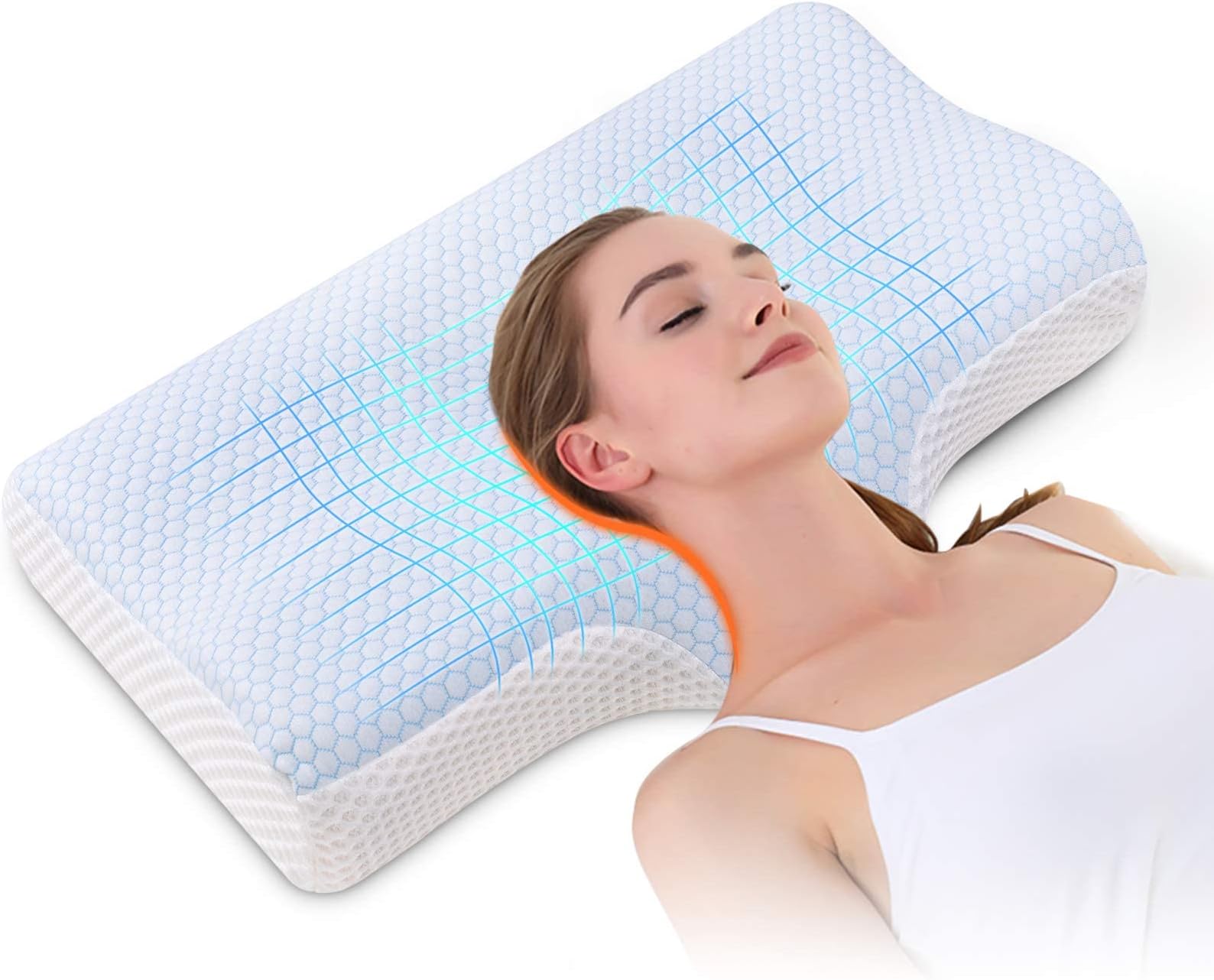 AOPOW Memory Foam Neck Support Pillow - Cervical Massage Orthopaedic Sleeping Pillows Deep Sleep Easy Anti Snore Pillows for Side & Back & Stomach Sleepers Back Shoulder Pain Relief 60 * 30cm