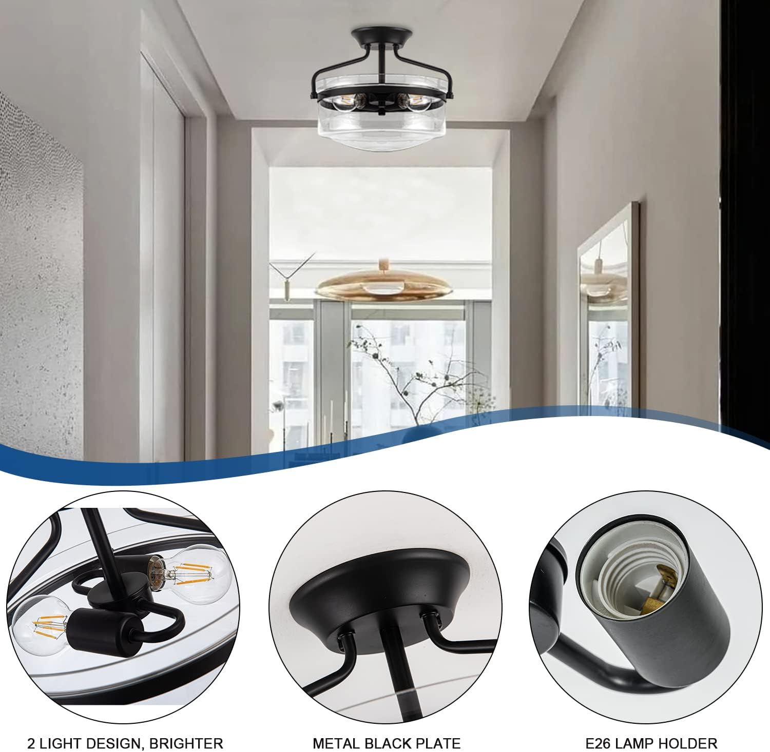 2-Light Semi Flush Mount Ceiling Light, 14.2" Farmhouse Light Fixtures for Bedroom Porch Hallway Kitchen Entryway, Black Modern Ceiling Light with Clear Glass Shade