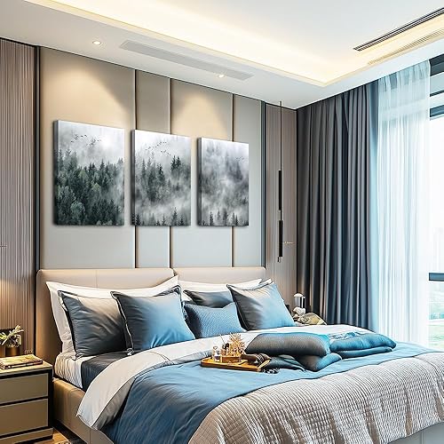 Miniatura 4 de Lienzo decorativo de pared para sala de estar, decoración de pared moderna para dormitorio, bosque brumoso, árboles, paisaje, pintura de pared,