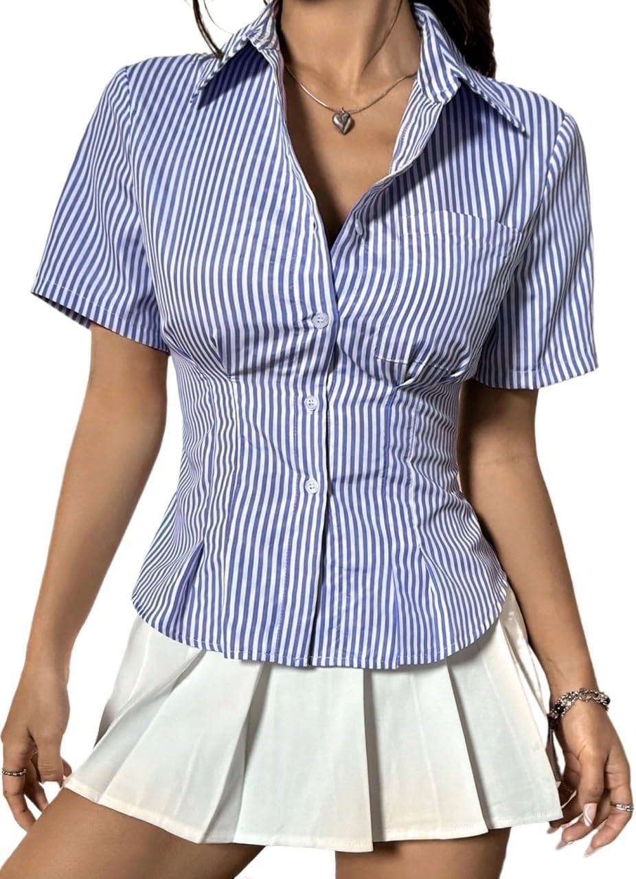 Button Down Short Sleeves Shirt with Waist Short Sleeve Tops Trendy Blouse Shirts Tops