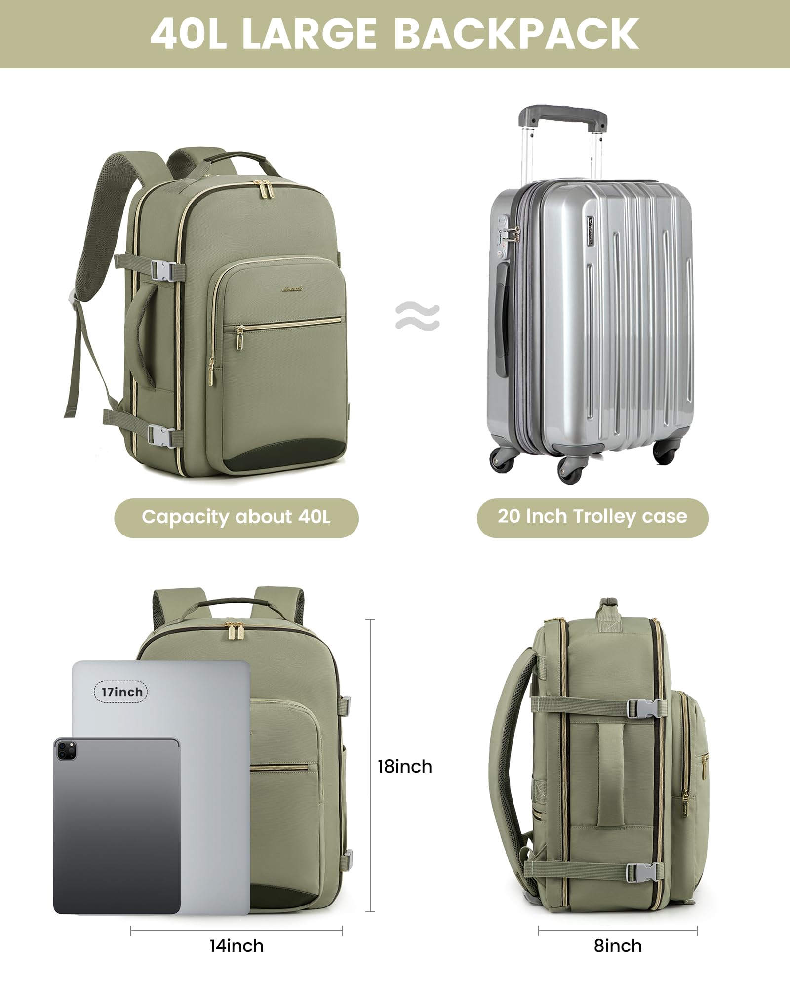 LOVEVOOK Zaino da Viaggio Aereo Bagaglio a Mano, Impermeabile Zaini Trolley Bagaglio Donna 40L Cabin Max per Ryanair Easyjet, Grande Zaino Porta PC 17 Pollici Valigia Borsa a Zainetto