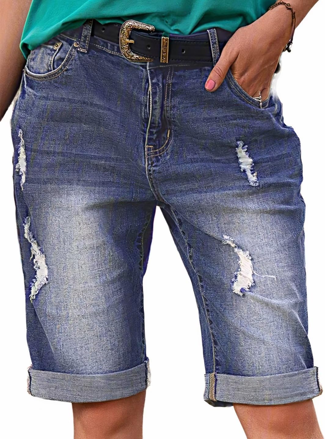 Flamingals Women's Ripped Rolled Hem Denim Bermuda Shorts Without Belt Mid Waist Casual Shorts