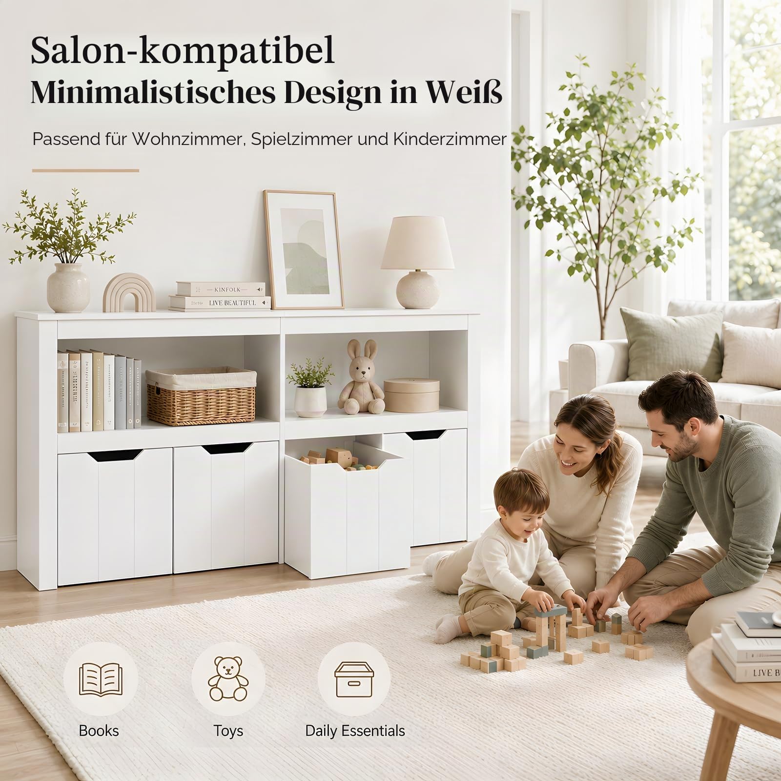 Weißes Kinderzimmer Aufbewahrungsregal, Schrank m. Schubladen, Spielzeugregal f. Bücher & Spielzeug, Multifunktional Kindermöbel Organizer f. Ordnung, Niedriger Stauraumschrank 120x33x61cm
