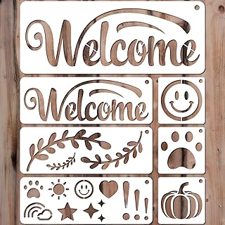 YKW Welcome Sign Stencils Set - 7 Reusable Smiley Paw Templates - Up to 14x5 - Welcome Words, Leaves, Pumpkin - for Porch, Door, Wood, Fabric - DIY Home Decor,Translucent and Soft