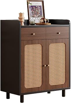 Rattan Buffet Cabinet, Storage Cabinet with Drawers, Wood Coffee Bar with Storage, Sideboard for Kitchen Living Room, Kitchen, Entryway; Media Console TableB,60cm/23.62in