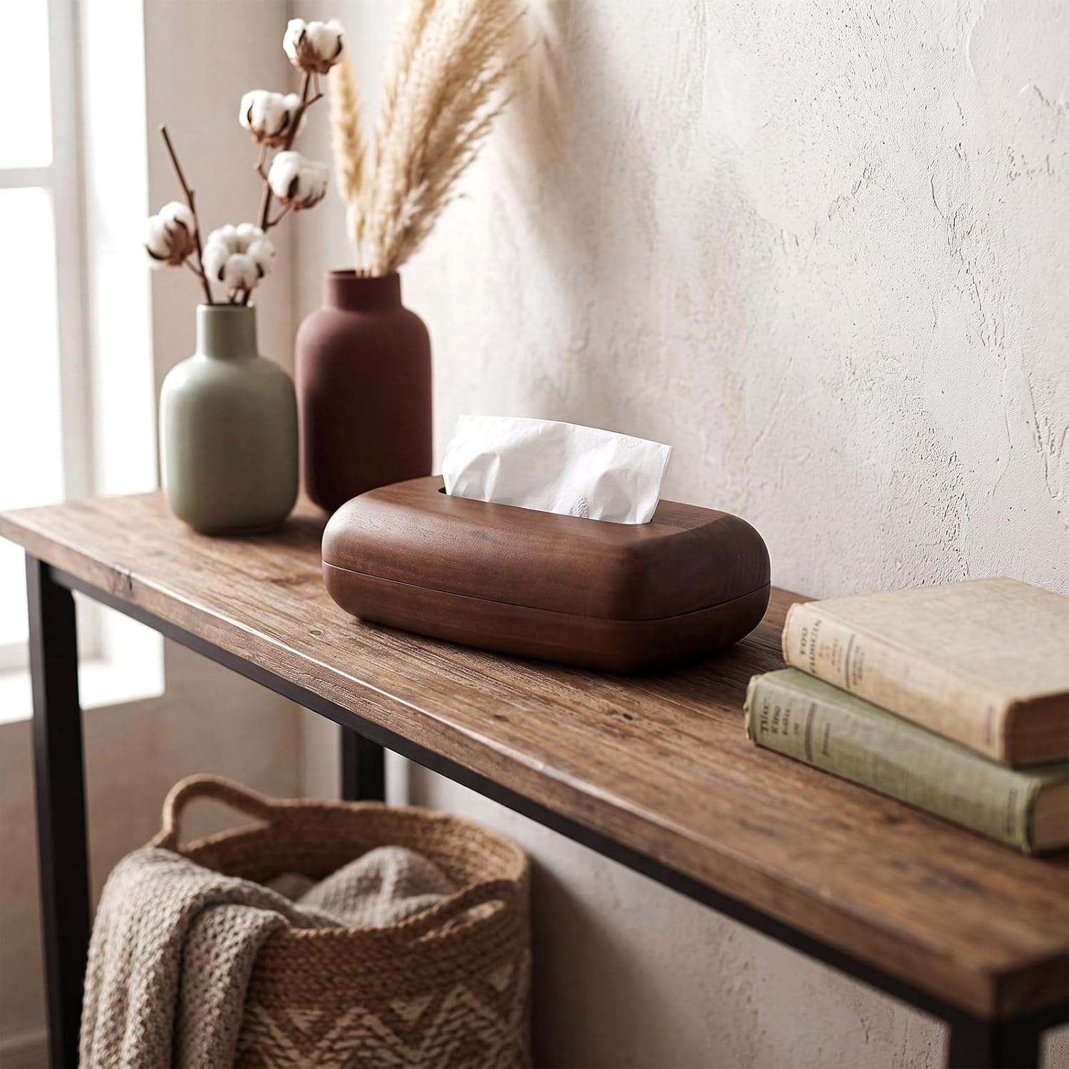 Solid Walnut Wood Tissue Box Cover, Oval & Long Design Tissue Box Holder