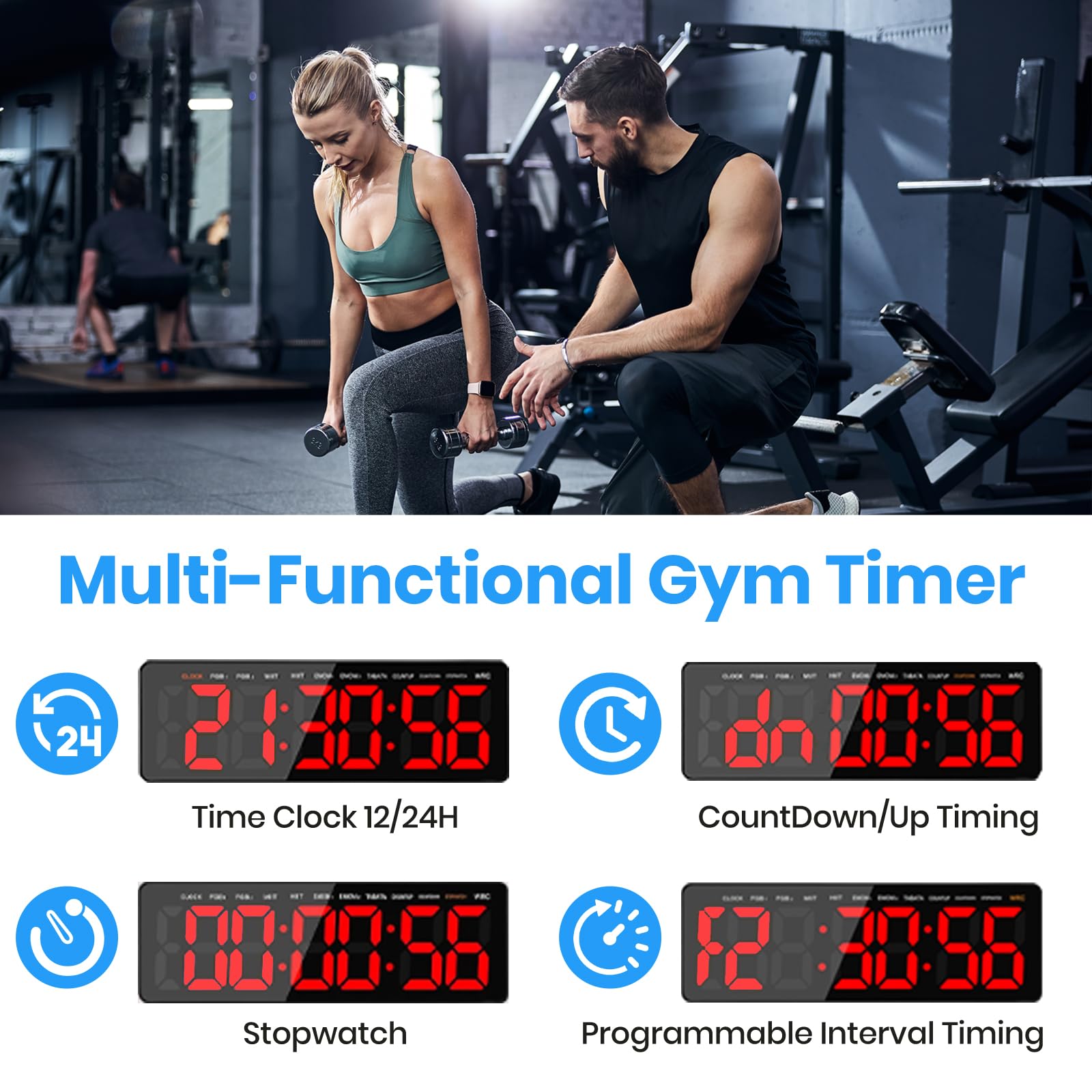 Timer Palestra da Parete,13.2" Orologio da Parete Digitale, Gym Timer Intervallo Fitness LED con CountDown/Up Cronometro, Luminosità & Volume Regolabile, Telecomando per Casa Garage Esterno