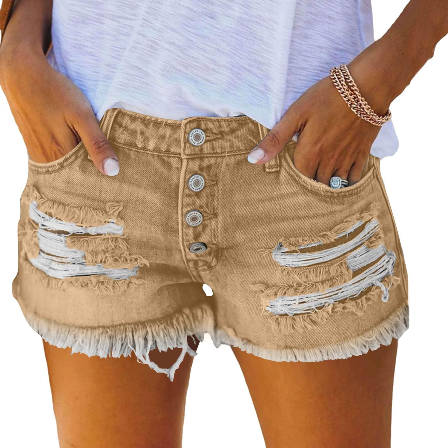 GOHRSHA Jean Shorts Womens Distressed Style Fringe Ripped Frayed Denim Shorts Mid Rise Stretchy Summer Fashion Streetwear