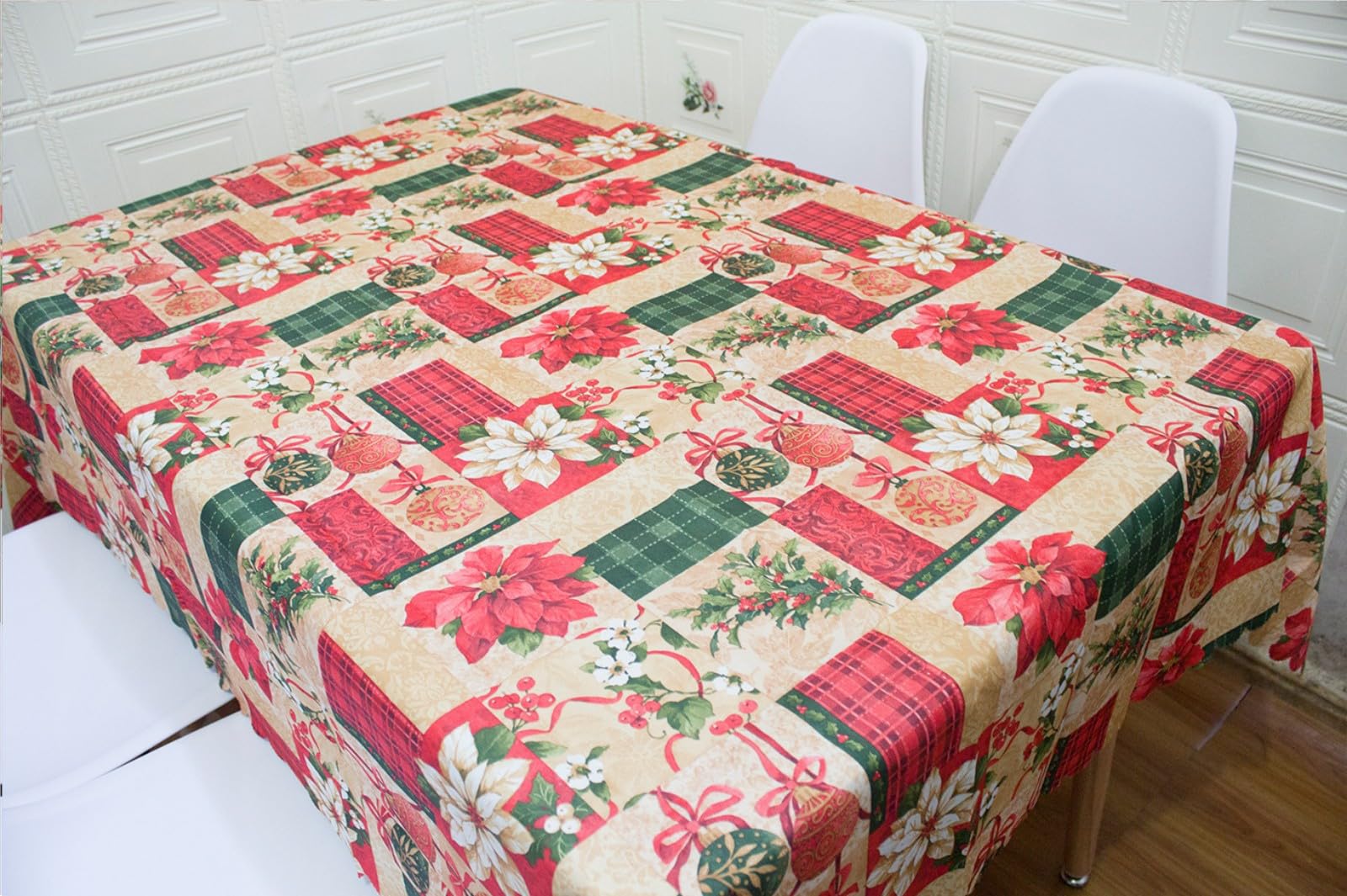 CHUANGOU Christmas Table Cloth,Xmas Table Cover for Holiday Dinner Waterproof and Reusable Table Linens,150 x 180cm (Safflower) - Image 2