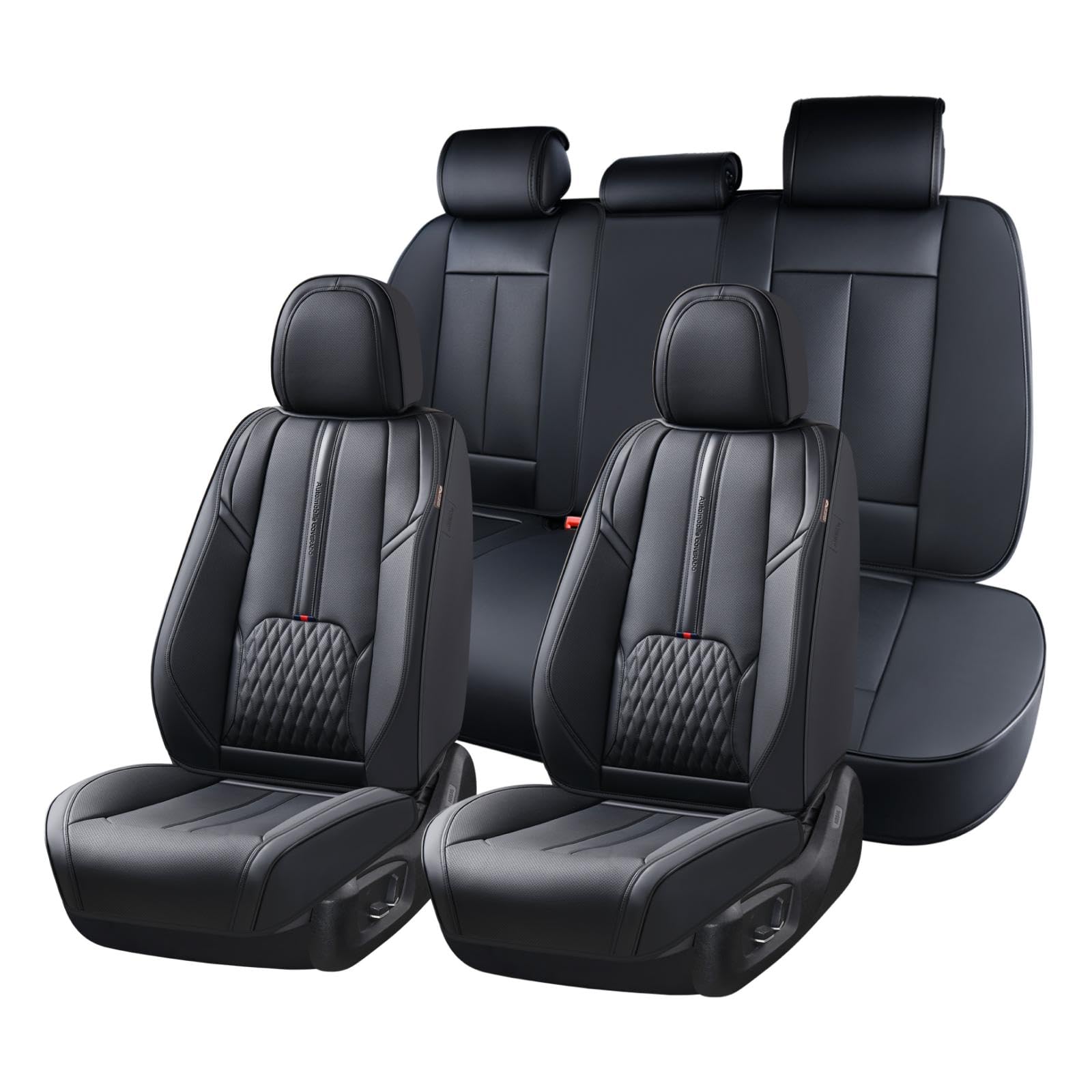 Coverado Car Seat Covers Full Set, Black Seat Cover with Lumbar Support, Luxury Leather Seat Covers for Front and Back, Waterproof Car Seat Protector Car Seat Cushion Universal Fit for Most Vehicles