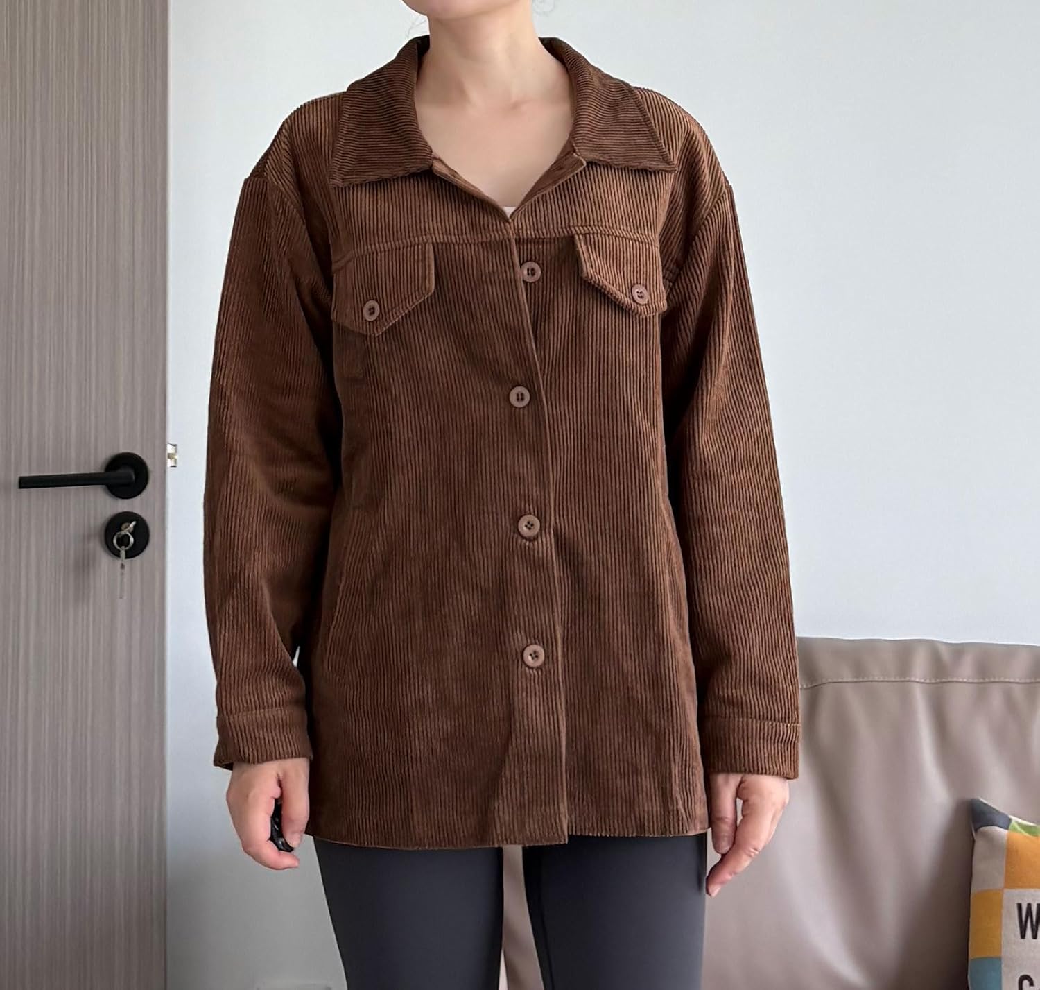 Minibee Women's Corduroy Jacket Long Sleeve Shacket Button Down Shirts Casual Coats Tops with Side Pockets - Image 5